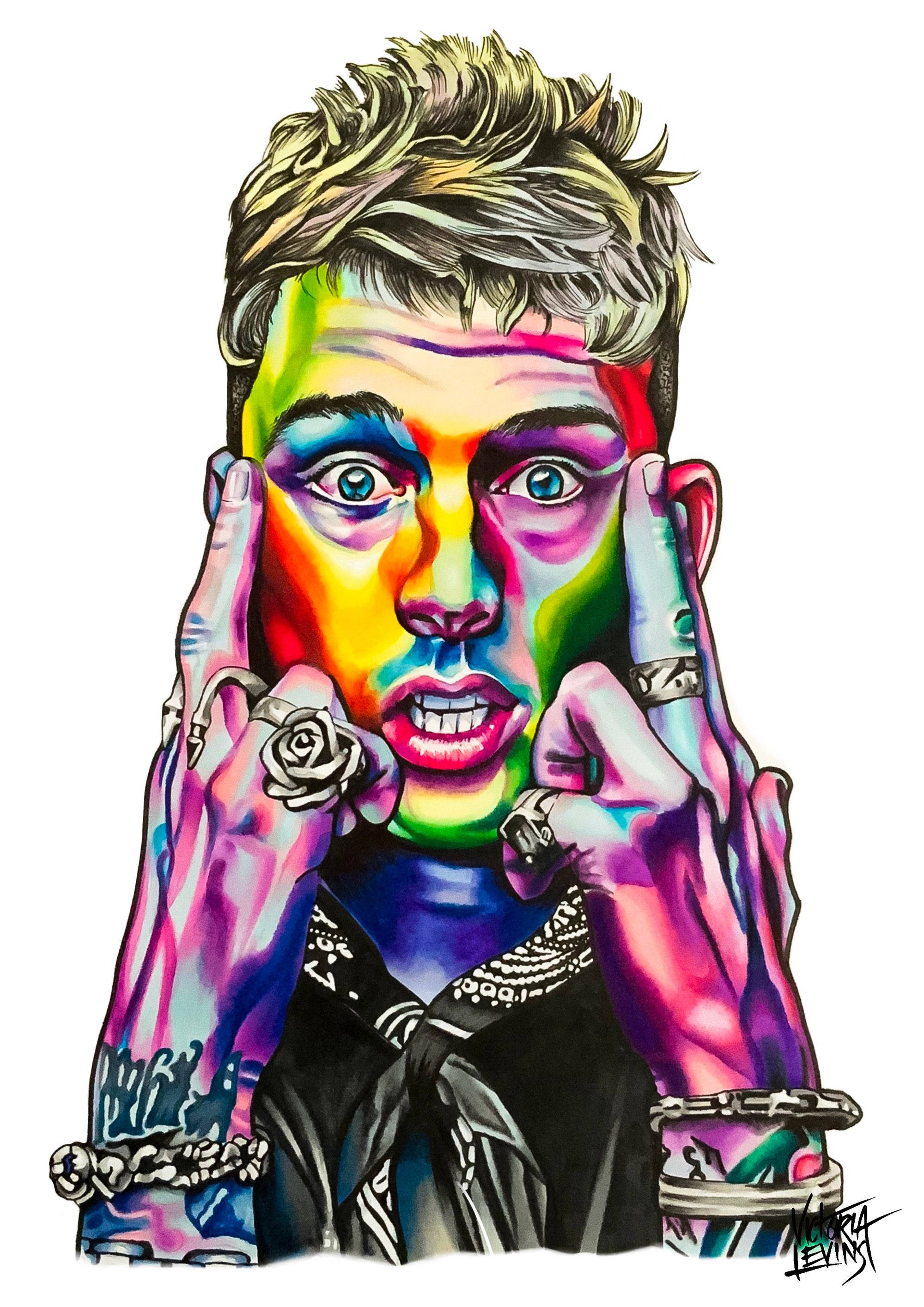 機槍凱爾漫畫藝術 壁紙 — 一個充滿活力的插圖，描繪一名擁有彩虹色皮膚、雙手托腮的男子，飾有戒指和鏈條。