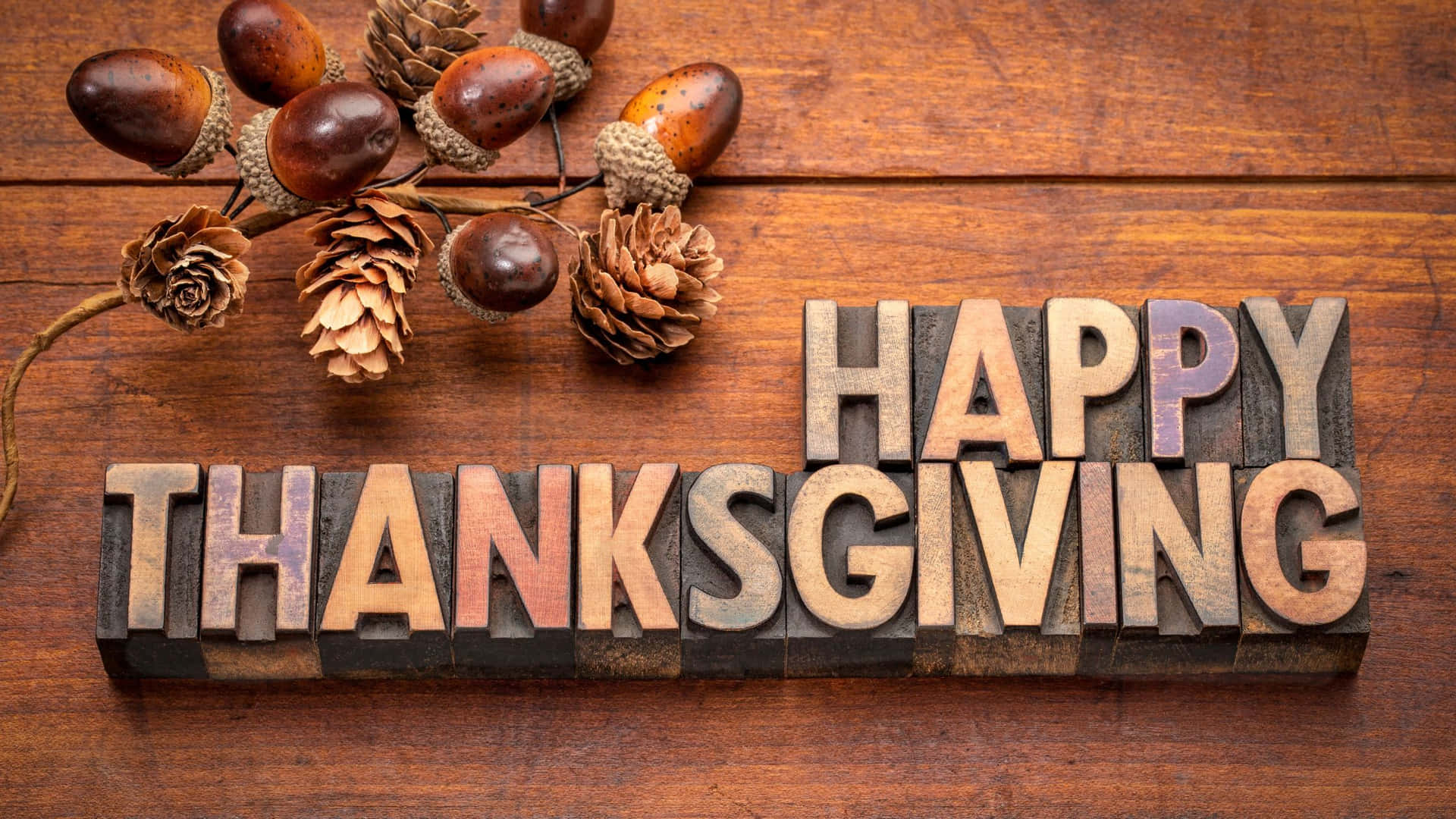 木活字塊組成的Happy Thanksgiving文字，搭配秋季橡果和松果在木面上。