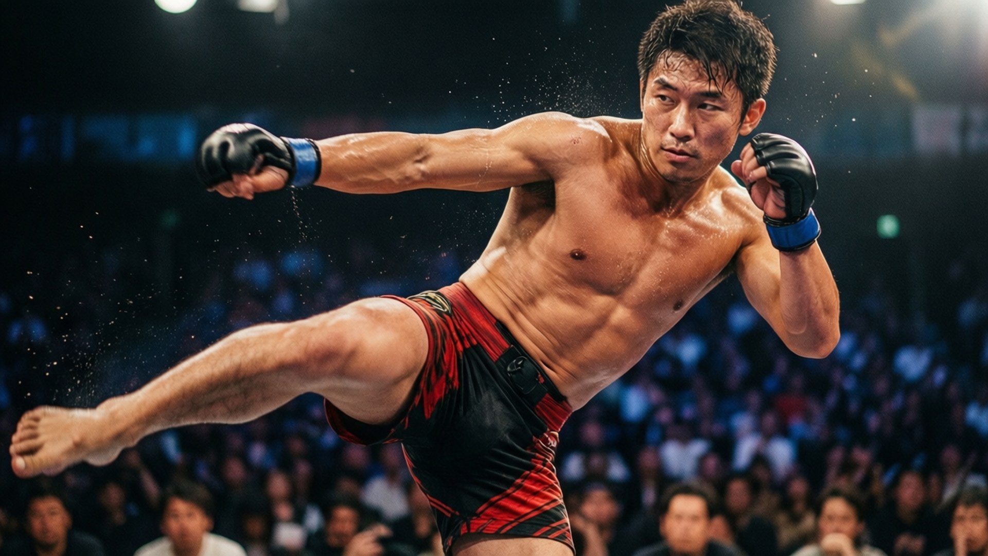 運動員在格鬥競技場中踢腿，觀眾歡呼。