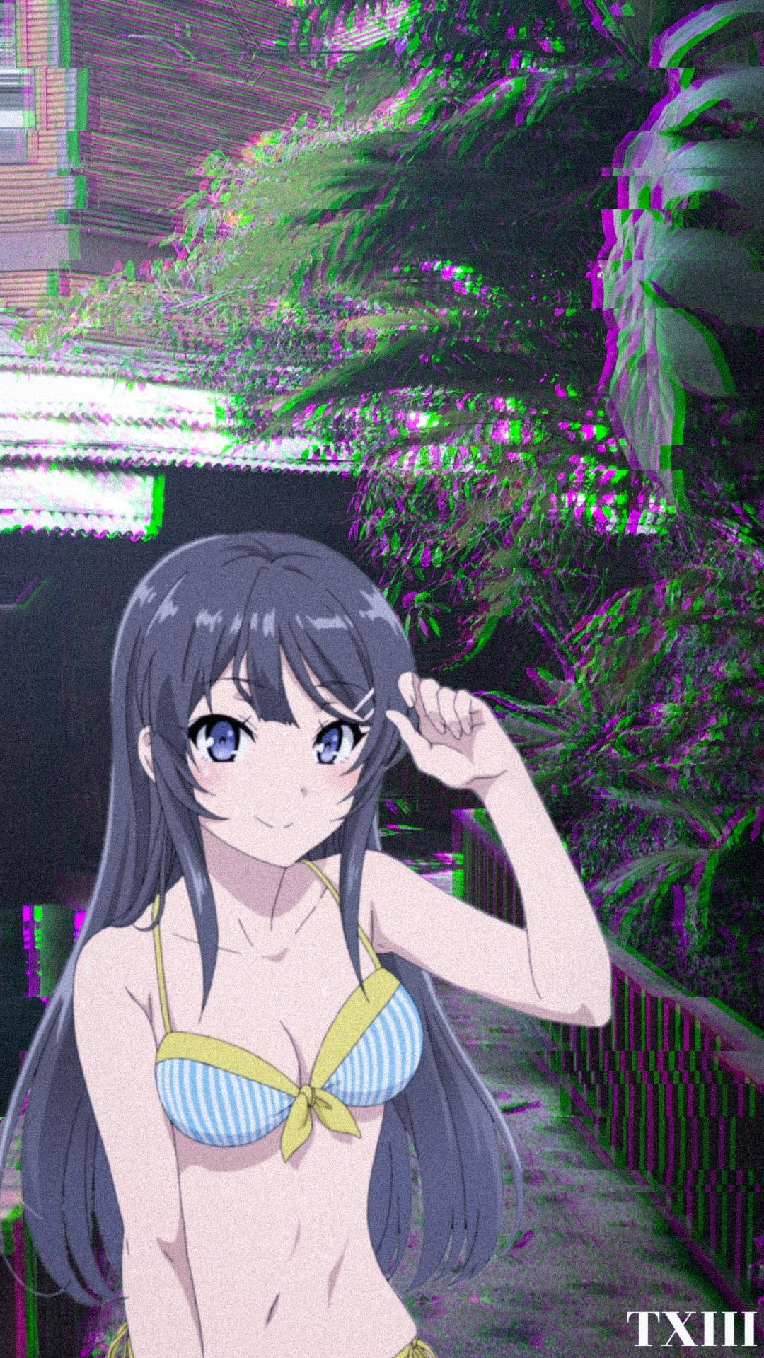 穿著條紋比基尼的動漫女孩在帶有故障效果的背景中揮手。