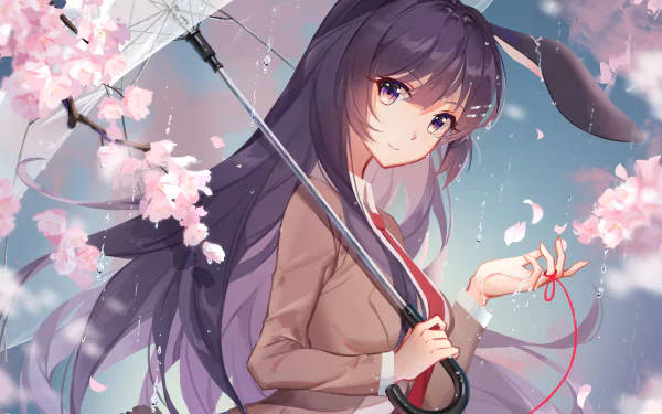 戴著兔耳的動漫女孩在雨中飄落的櫻花下撐傘。
