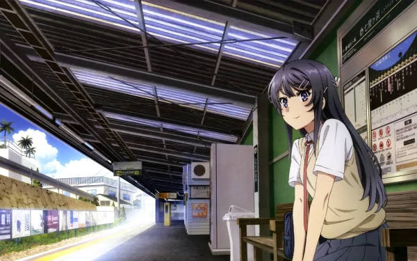 穿著校服的動漫女孩在陽光明媚的火車站月台上等待。