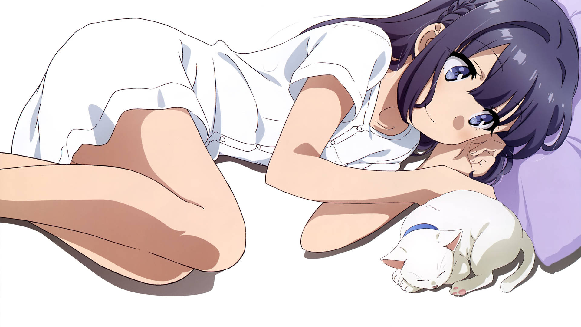 紫髮動漫女孩在紫色枕頭上睡在白貓旁邊。