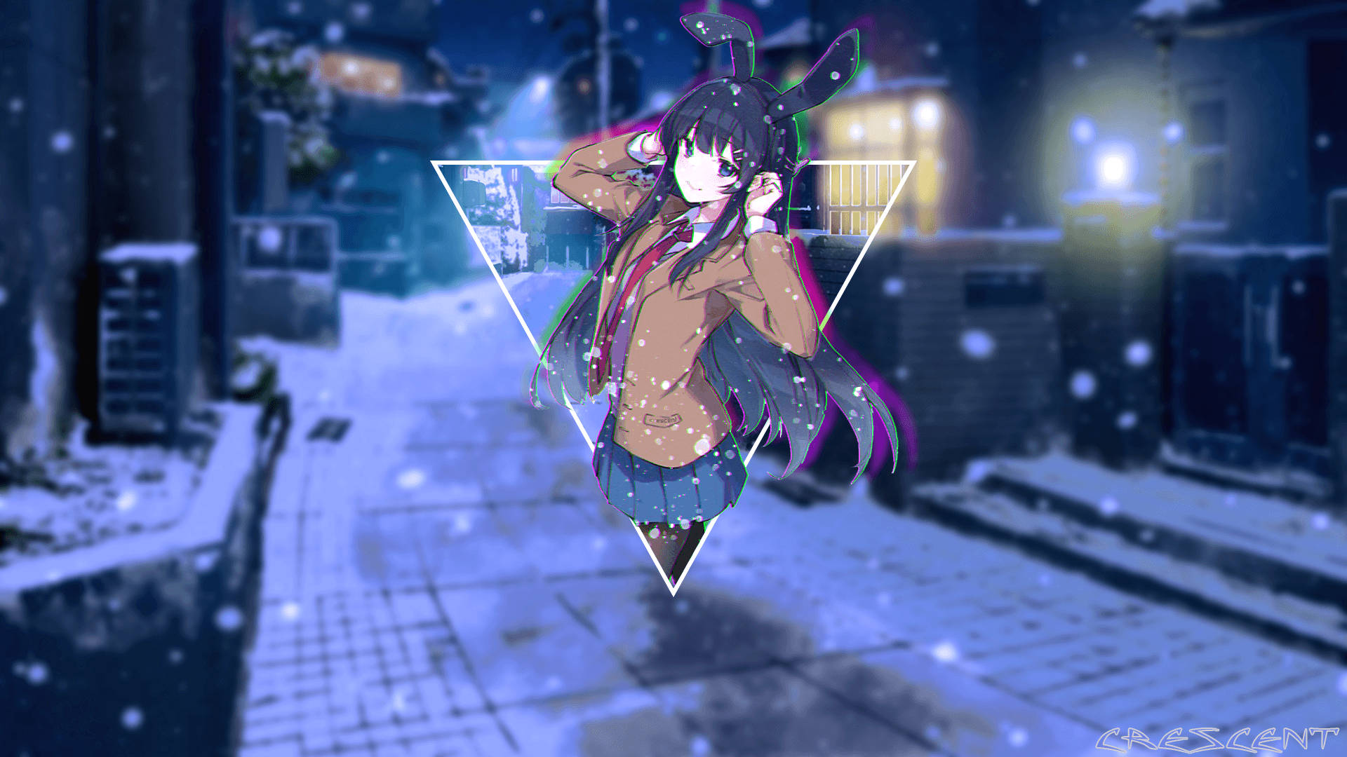 動漫女孩戴著兔耳，夜晚在積雪的都市小巷中。