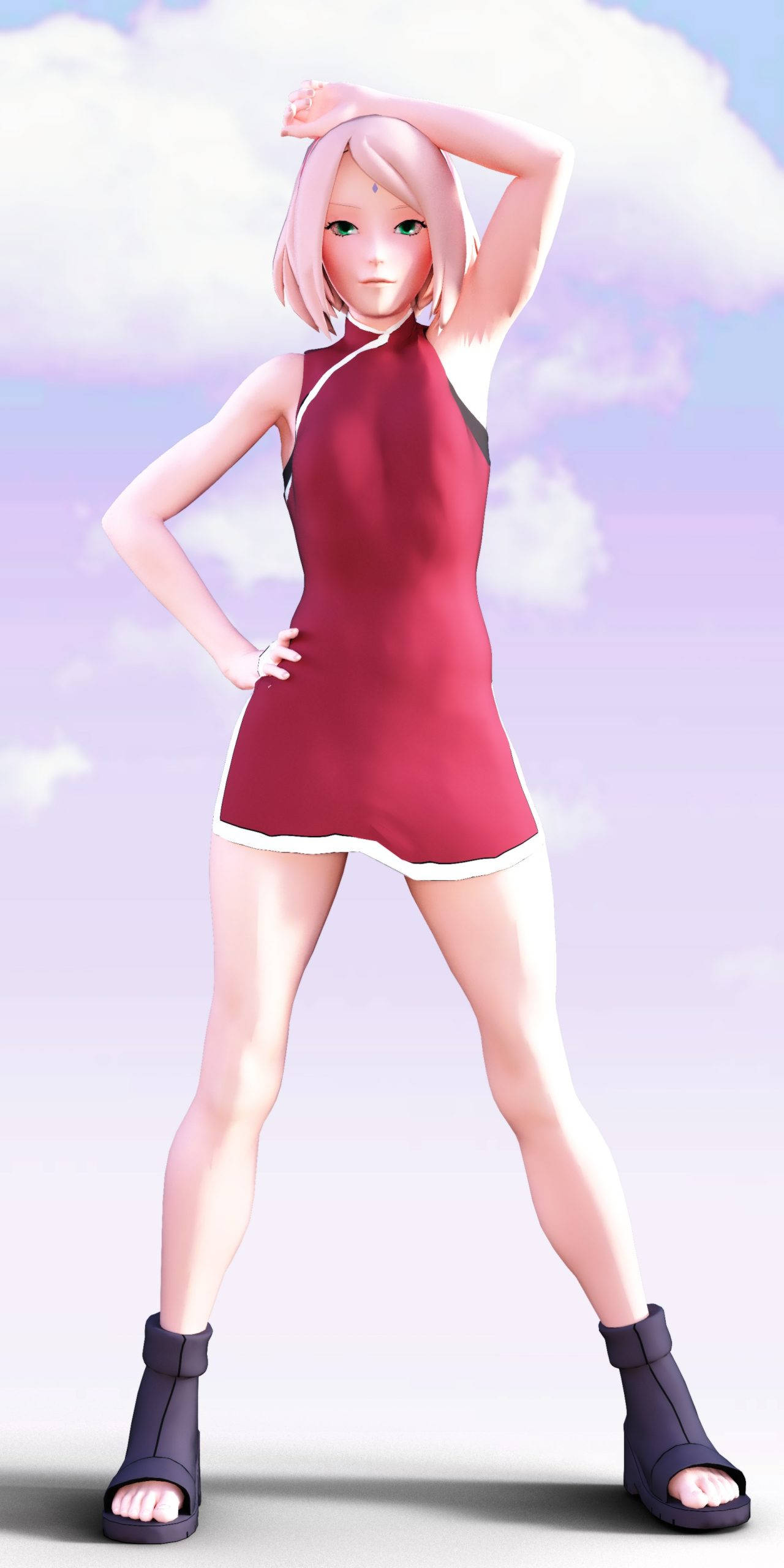 櫻花 HARUNO 4D 圖像 壁紙 — 粉紅色頭髮的動漫女孩穿著紅色連衣裙，在柔和的粉彩天空和蓬鬆的雲朵背景下自信地擺姿勢。