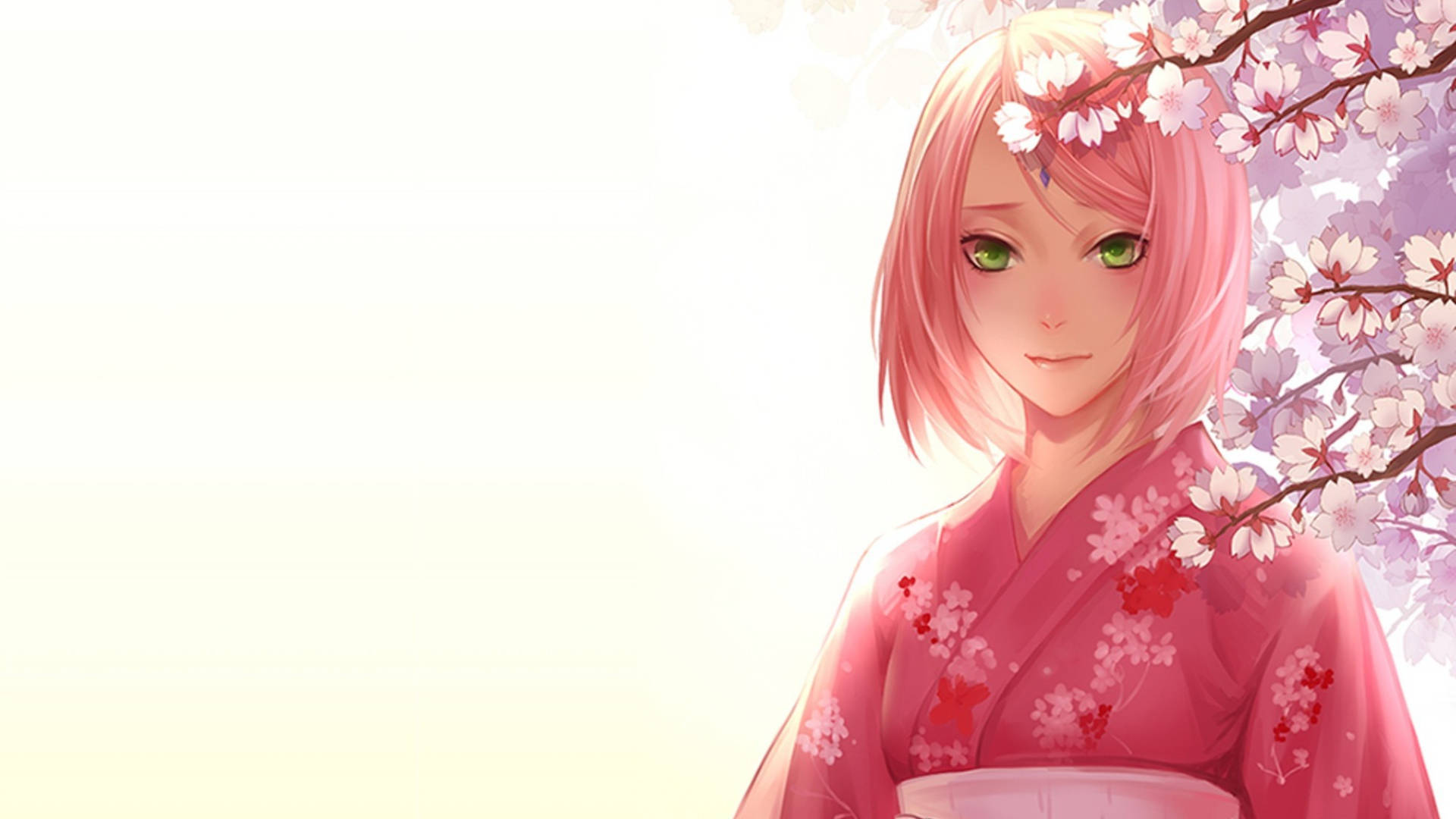 櫻花 HARUNO 穿和服 壁紙 — 一位平靜的動漫女孩，粉紅頭髮和綠色眼睛，穿著一件點綴櫻花的粉紅和服，站在盛開的櫻花樹下。