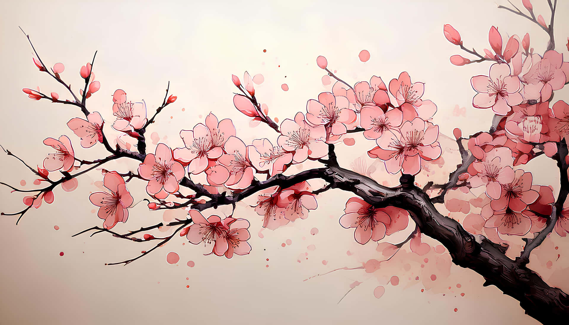 櫻花 壁紙 — 一束粉紅色的櫻花在柔和的米色背景上綻放，散落著花瓣。