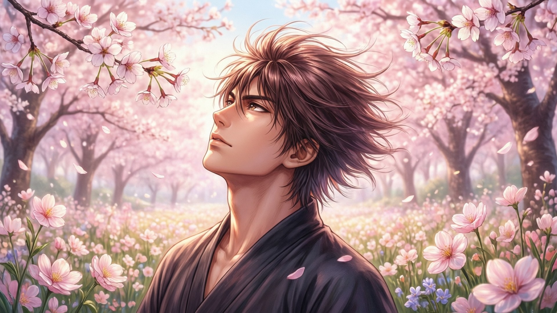 櫻花下的Kenma 壁紙 — 一個身穿深色長袍的年輕人在柔和的天空下，在一片盛開的櫻花田中抬頭仰望。