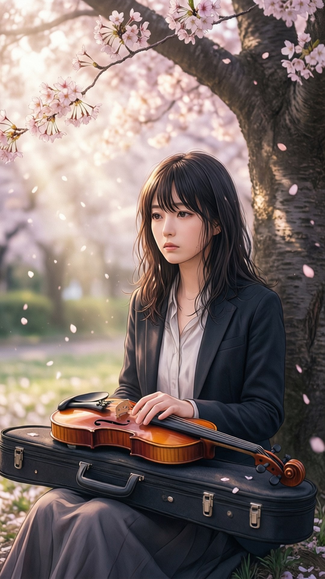 春天櫻花樹下拿著小提琴的年輕女性。