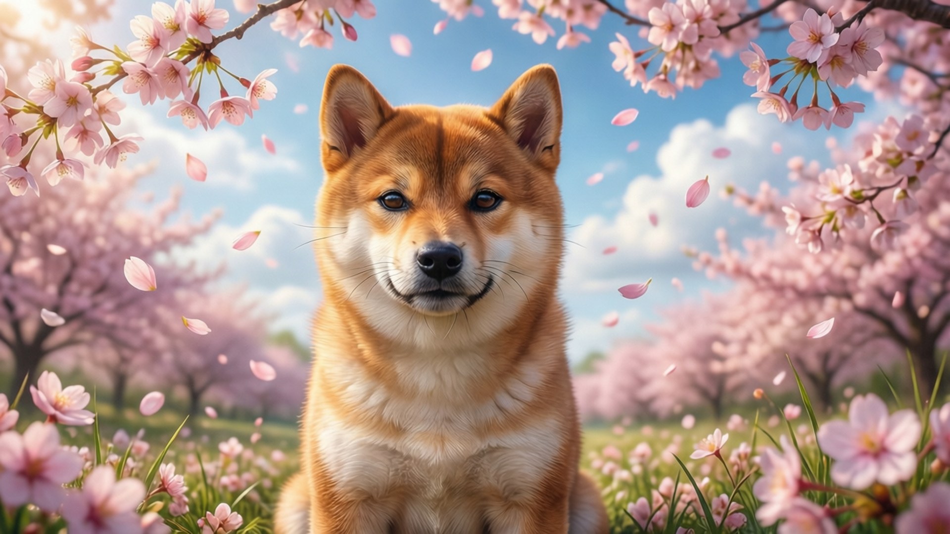 一隻柴犬坐在陽光普照的春日田野中飄落的櫻花下。