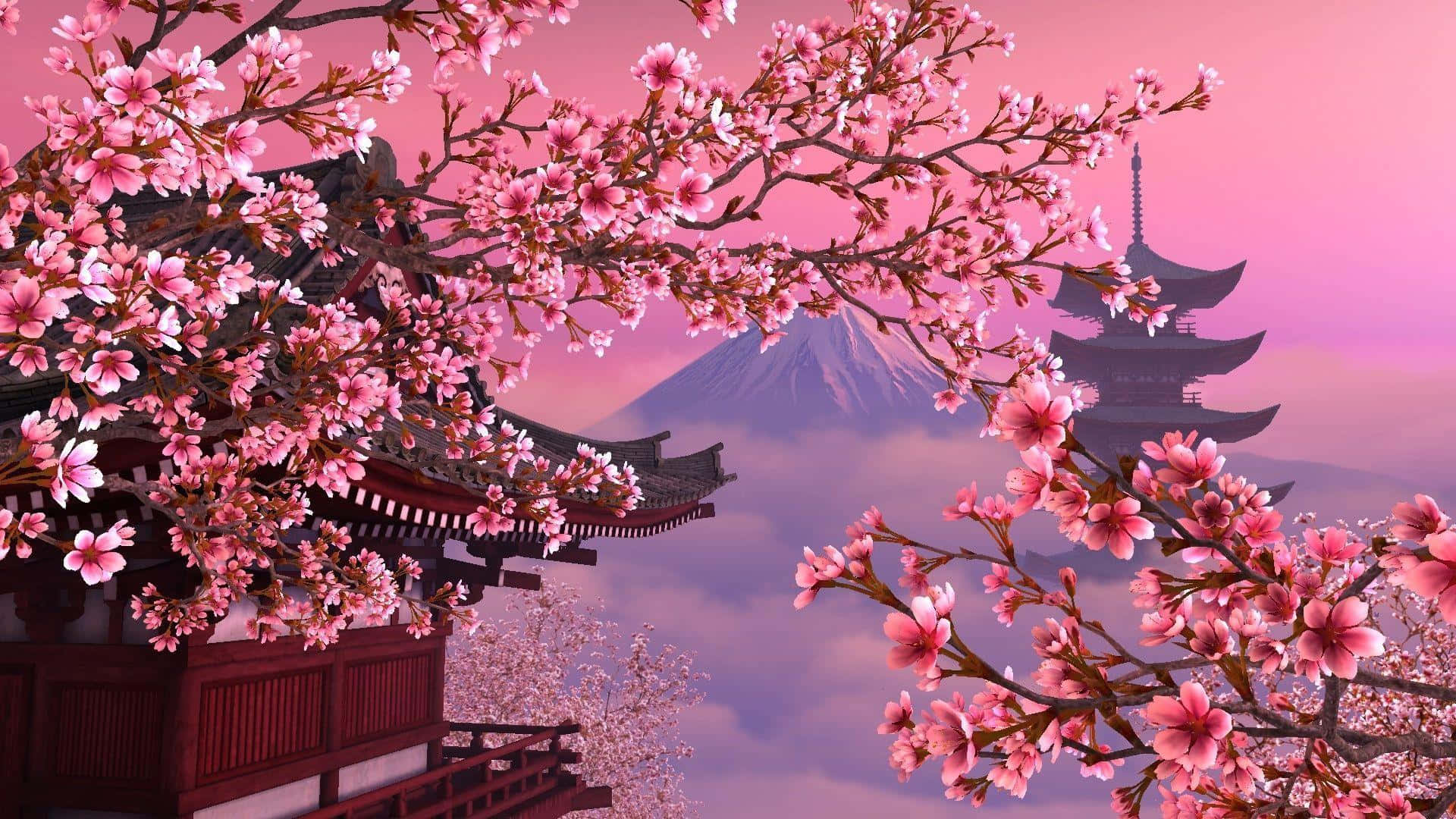櫻花主題的PC 壁紙 — 粉紅色的櫻花環繞著傳統的日本寺廟，背景中霧氣繚繞的富士山在柔和的粉紅色天空下。