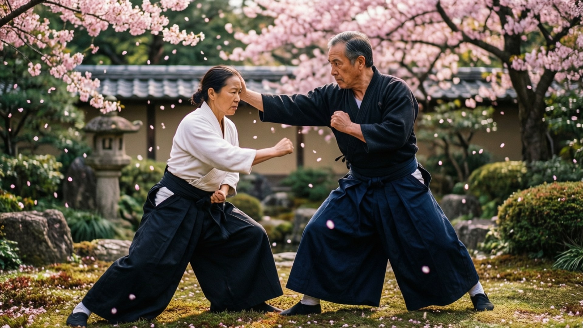 一對年長武術夫婦在日本花園中於飄落的櫻花下練習。