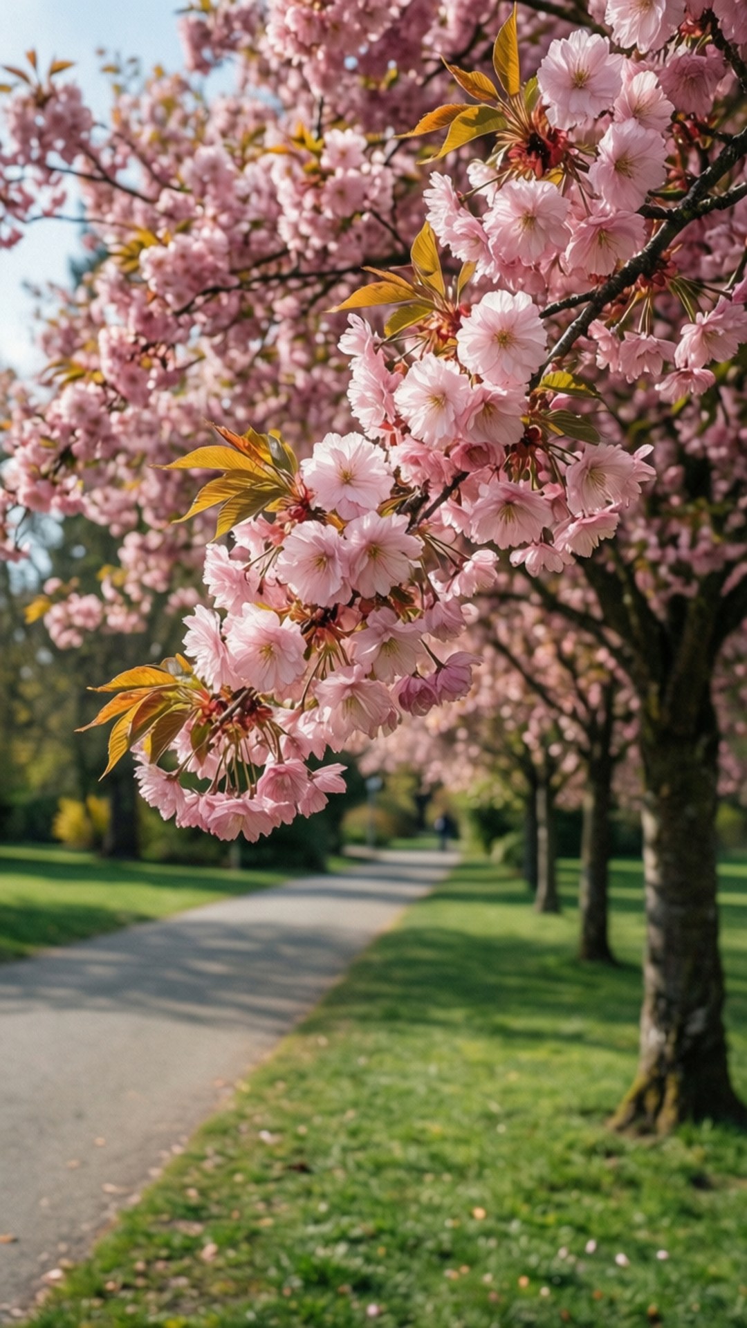 櫻花公園 壁紙 — 一條陽光普照的小徑蜿蜒穿過公園，兩旁盛開的粉紅色櫻花樹在綠草地上投下柔和的陰影。
