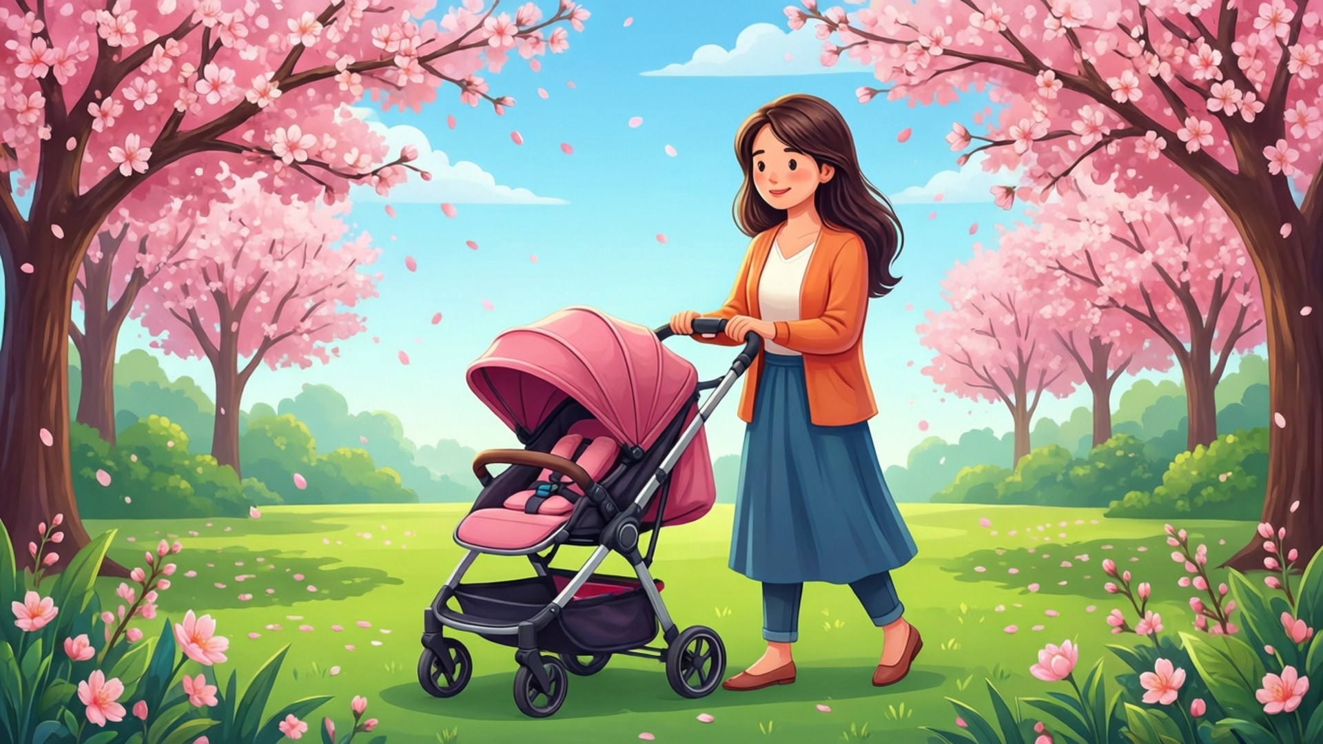 女士在春天公園盛開的櫻花樹下推著嬰兒車。