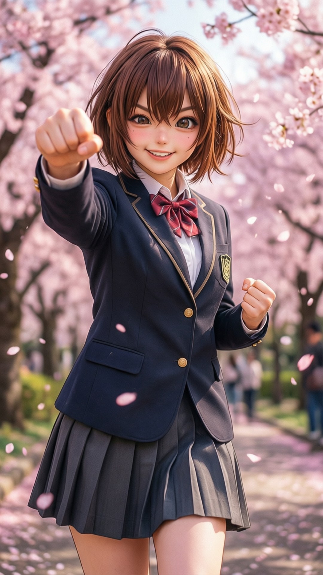 動漫女孩穿著校服在櫻花下向前出拳