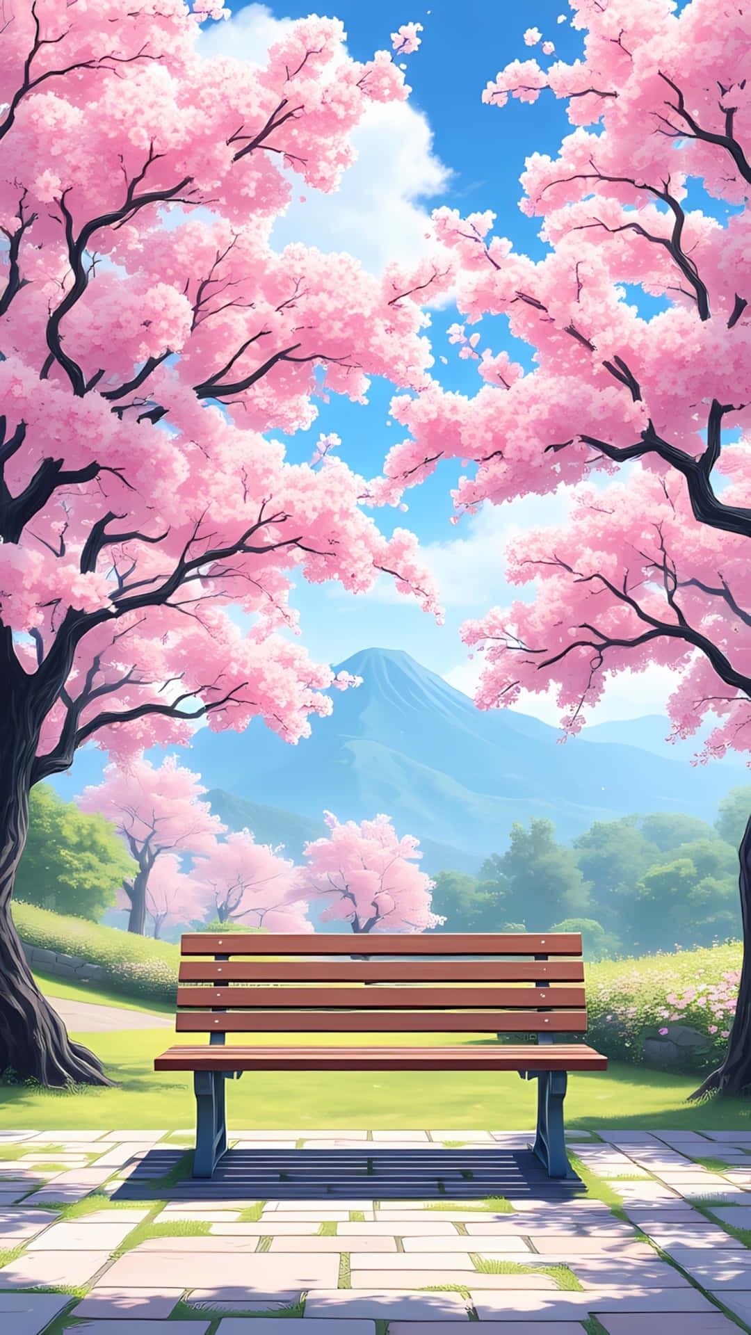 櫻花公園與山景 壁紙 — 一張木凳放在盛開的粉紅色櫻花樹下，遠處有山，天空湛藍。