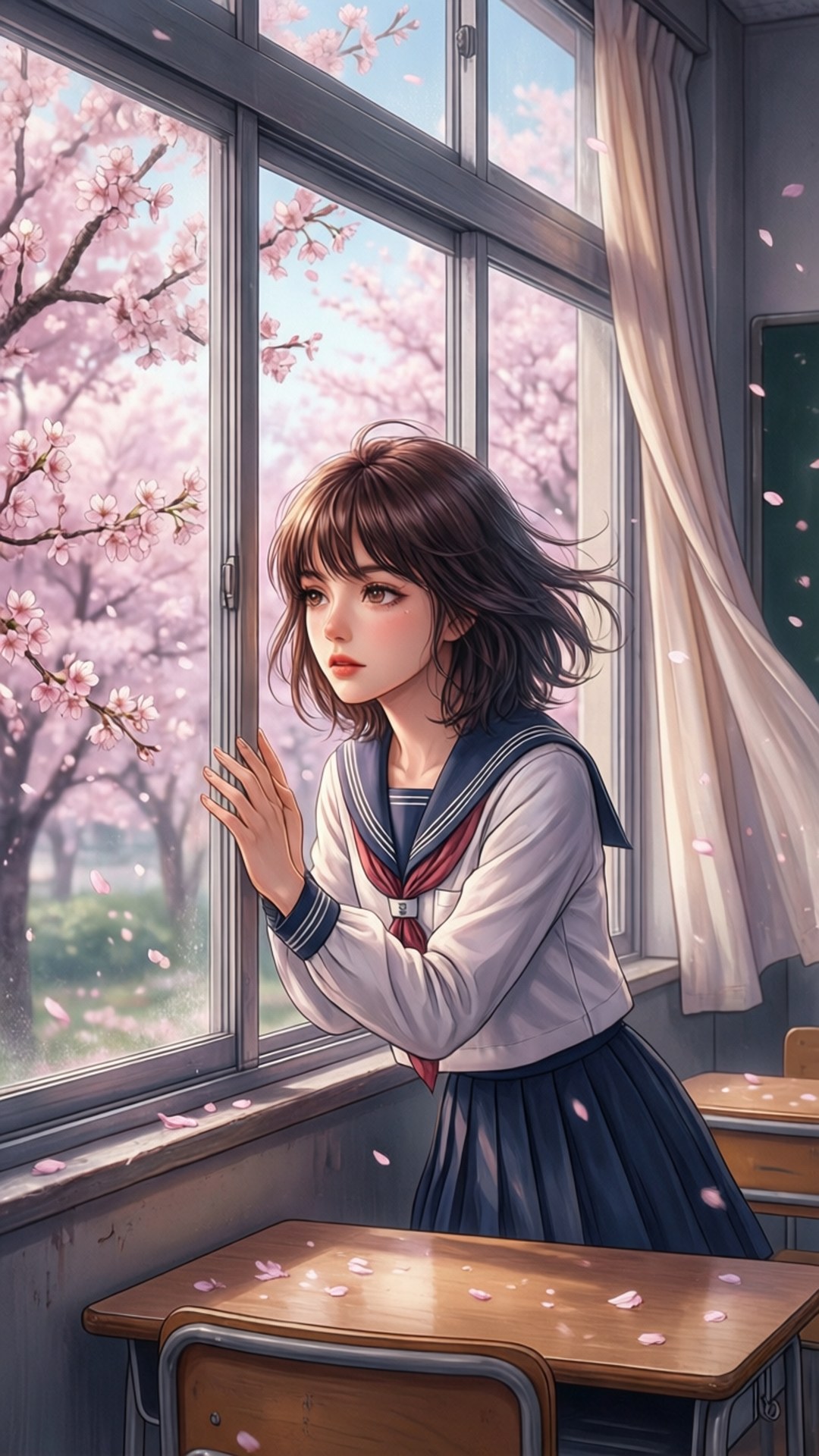 櫻花凝望 壁紙 — 一個穿著校服的年輕動漫女孩從教室窗戶凝視著飄落的櫻花。