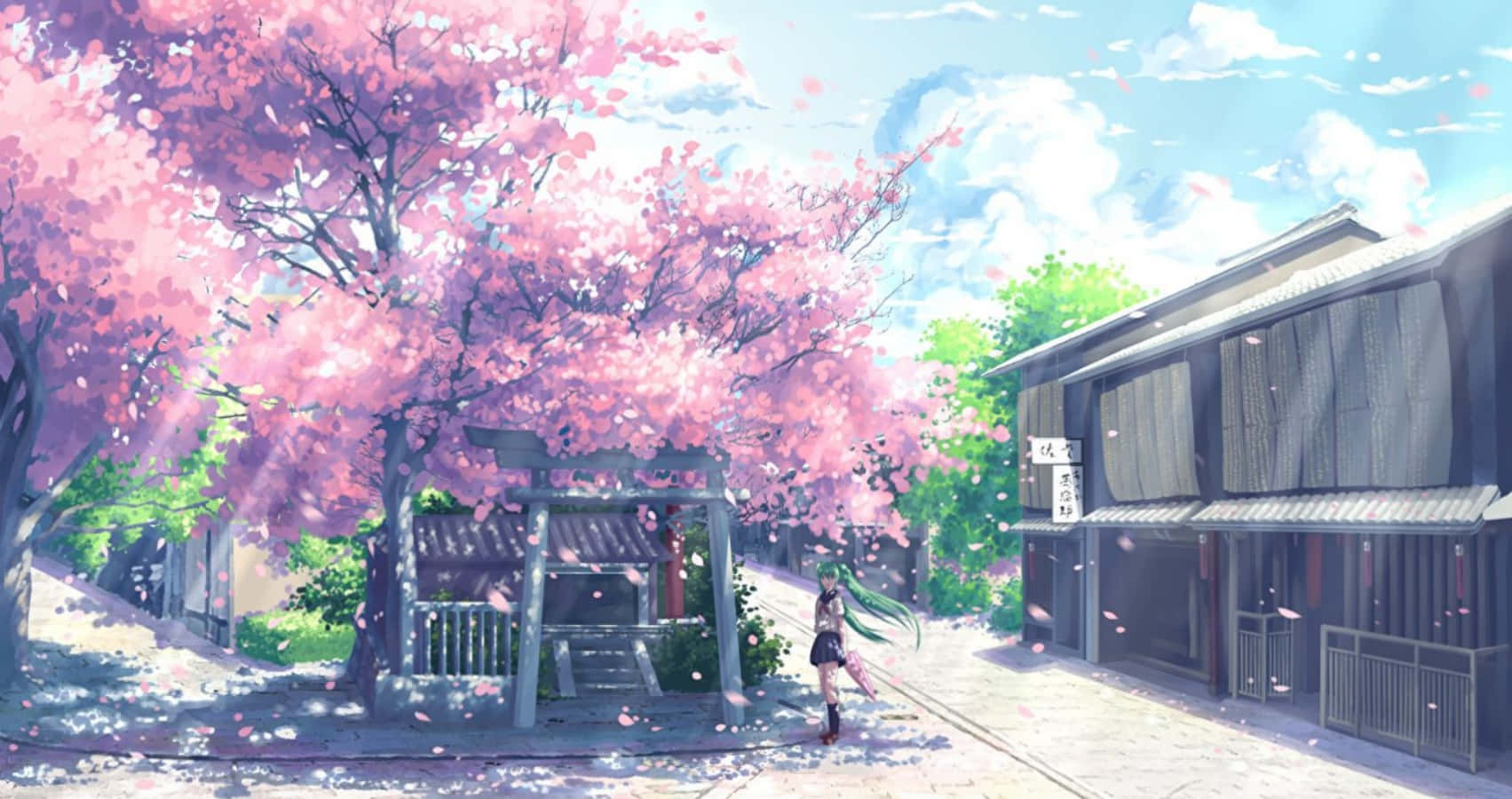 櫻花動漫數位藝術風景 壁紙 — 一個綠髮女孩在陽光明媚的日子裏，走在一棵盛開的粉紅色櫻花樹下，旁邊是傳統的日本建築。