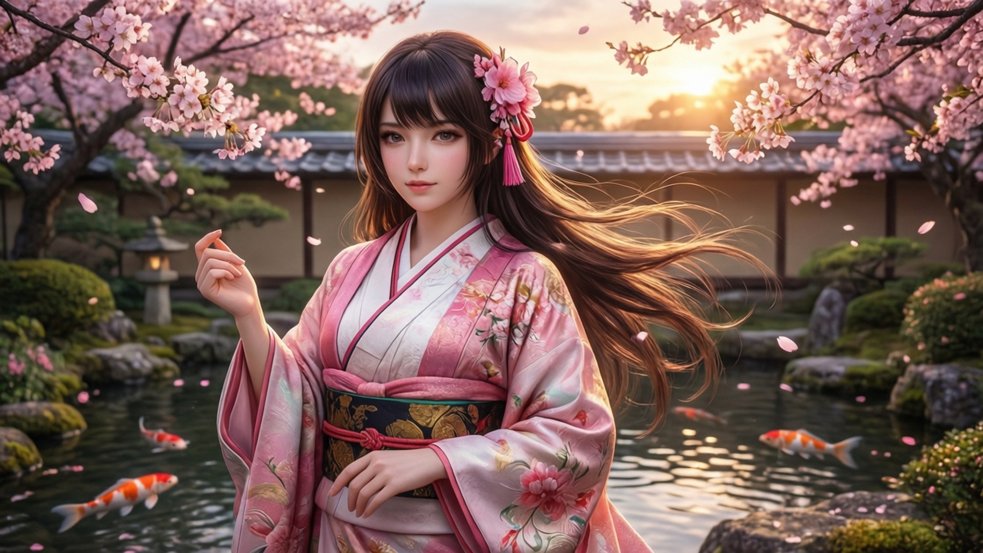 一位身穿粉紅色和服的女子站在櫻花下，夕陽下池塘中有錦鯉。