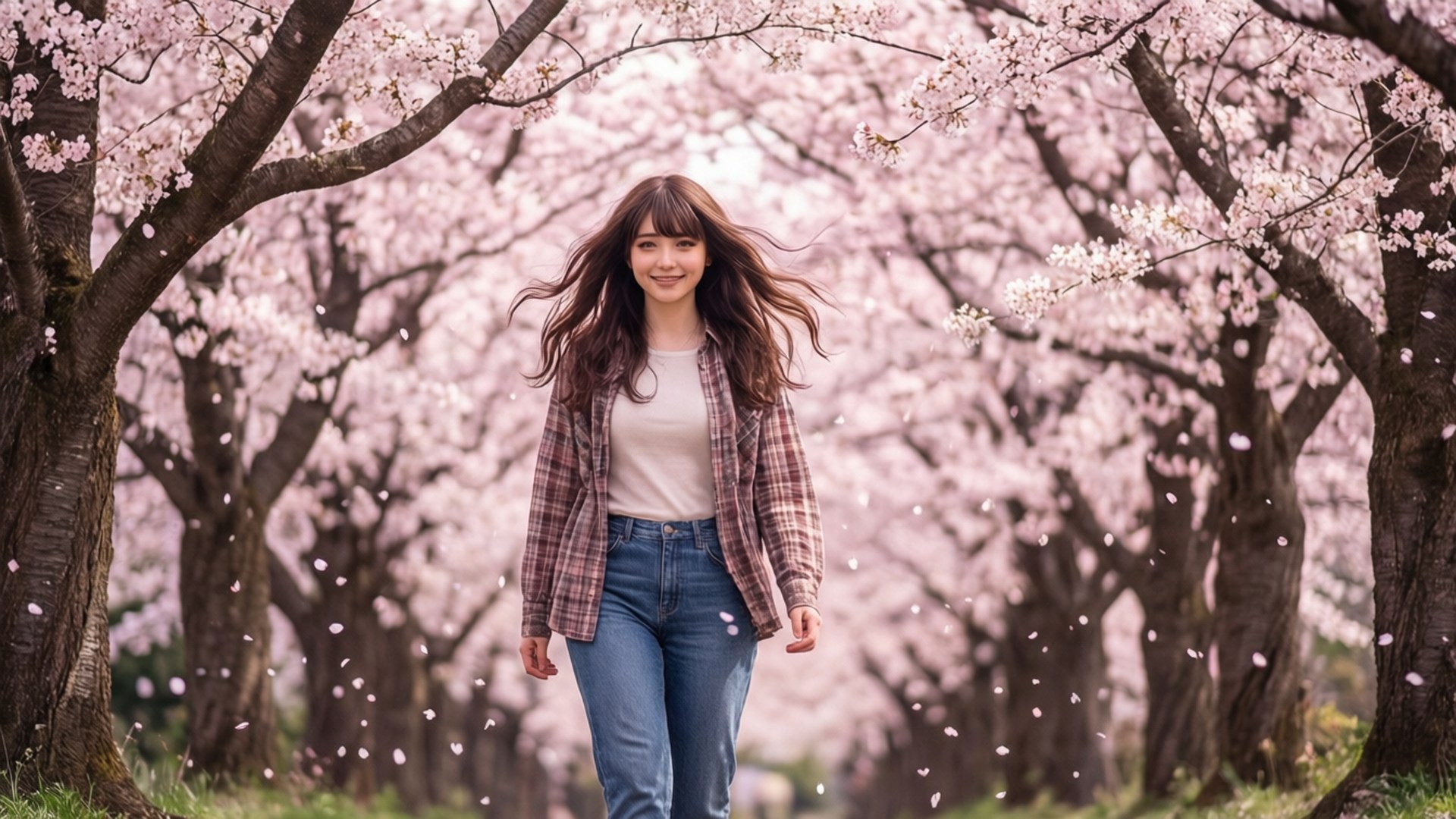 一位女子在櫻花樹下行走，花瓣飄落。