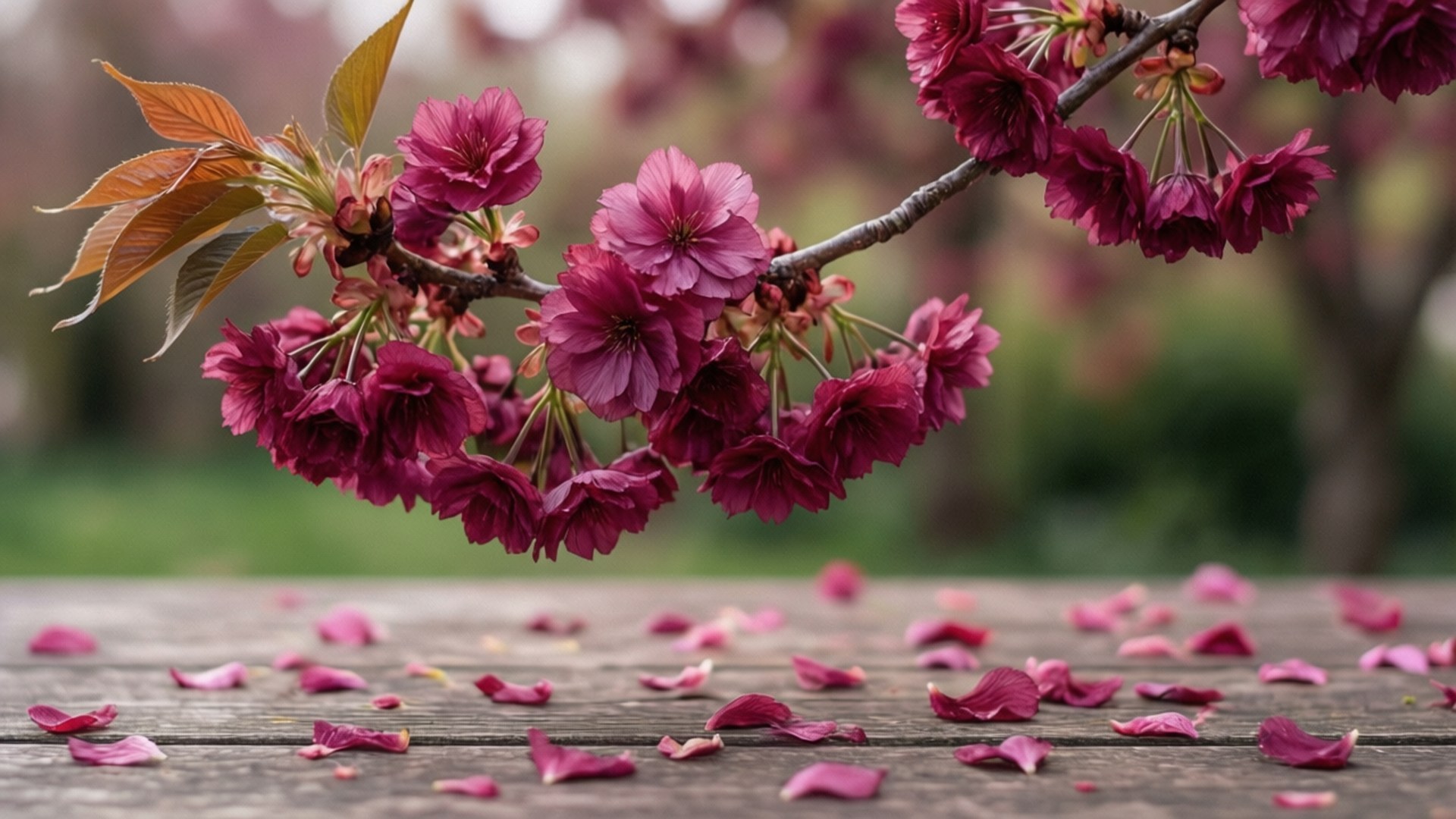洋紅色櫻花枝條，木桌上散落花瓣
