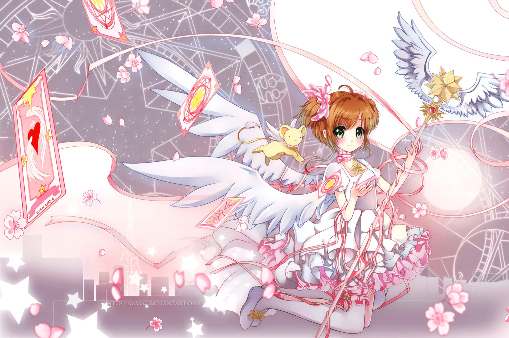 櫻花展開壯闊冒險 壁紙 — 一個擁有天使翅膀和魔杖的魔法動漫女孩，被漂浮的卡片和櫻花環繞，在夢幻的粉紅色和白色天空中。