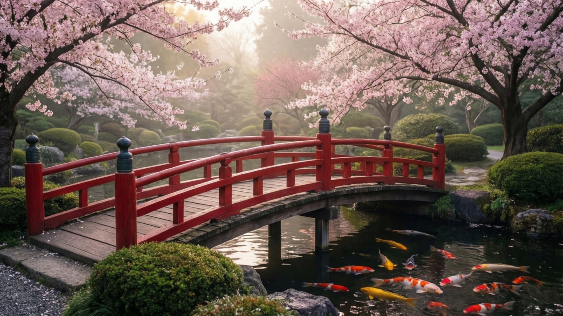 春季花園中，池塘上的紅色木橋，有錦鯉和櫻花樹