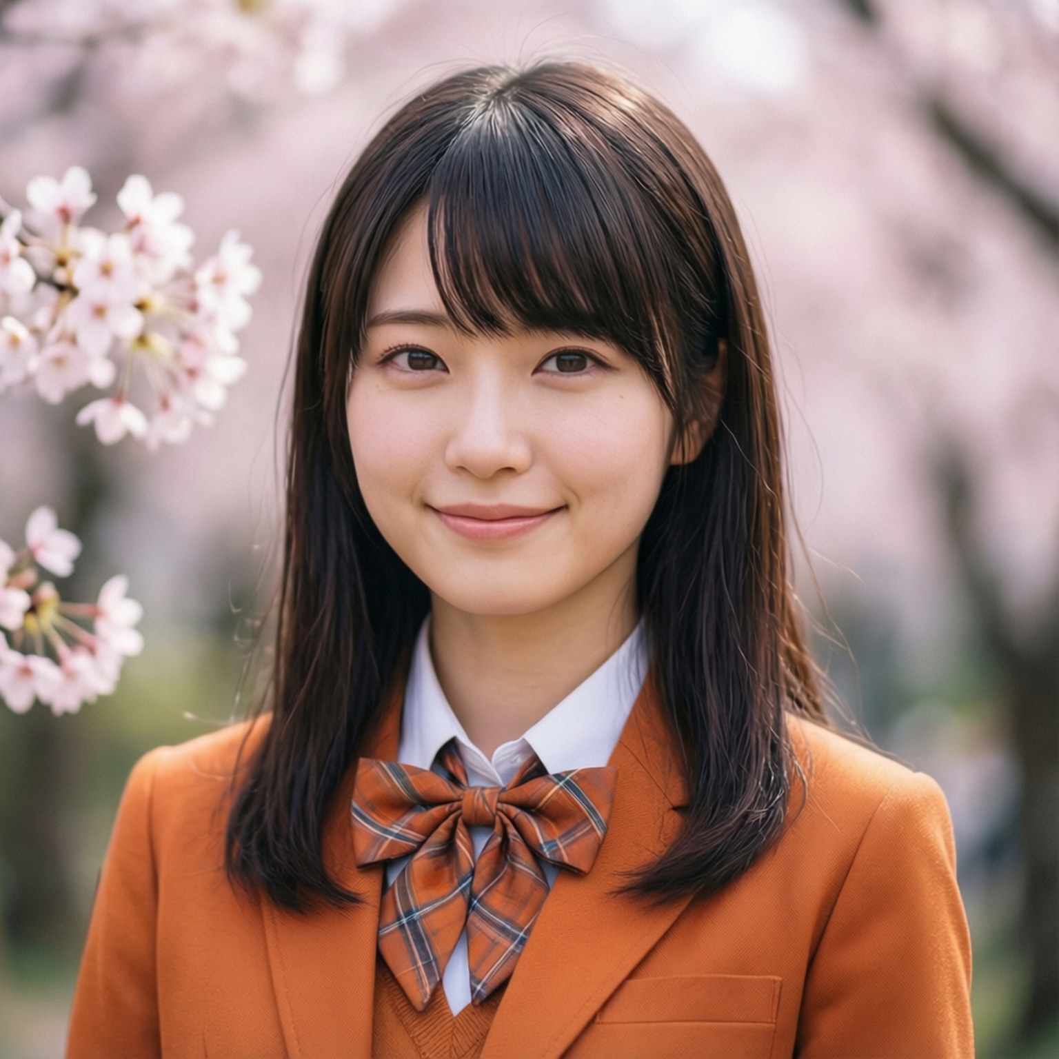 一位穿著校服的日本少女在櫻花下微笑。