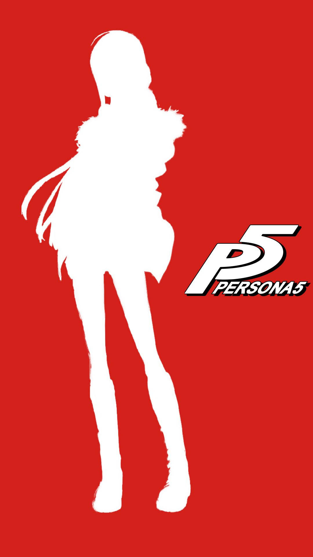 白色動漫女孩剪影，穿著毛領和靴子，在帶有 Persona 5 標誌的紅色背景上。