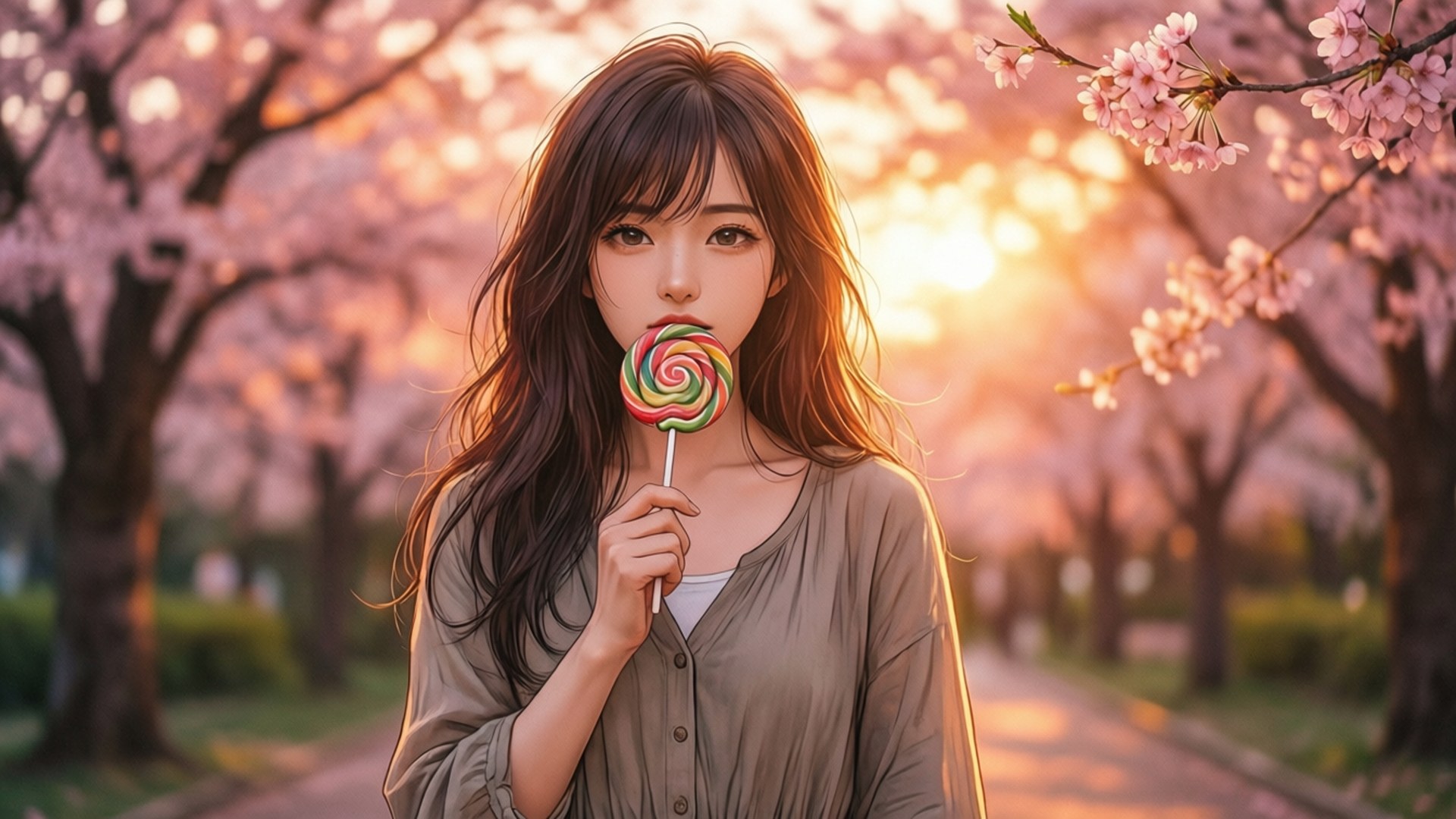 年輕女子在日落時分於櫻花樹下拿著彩虹棒棒糖。