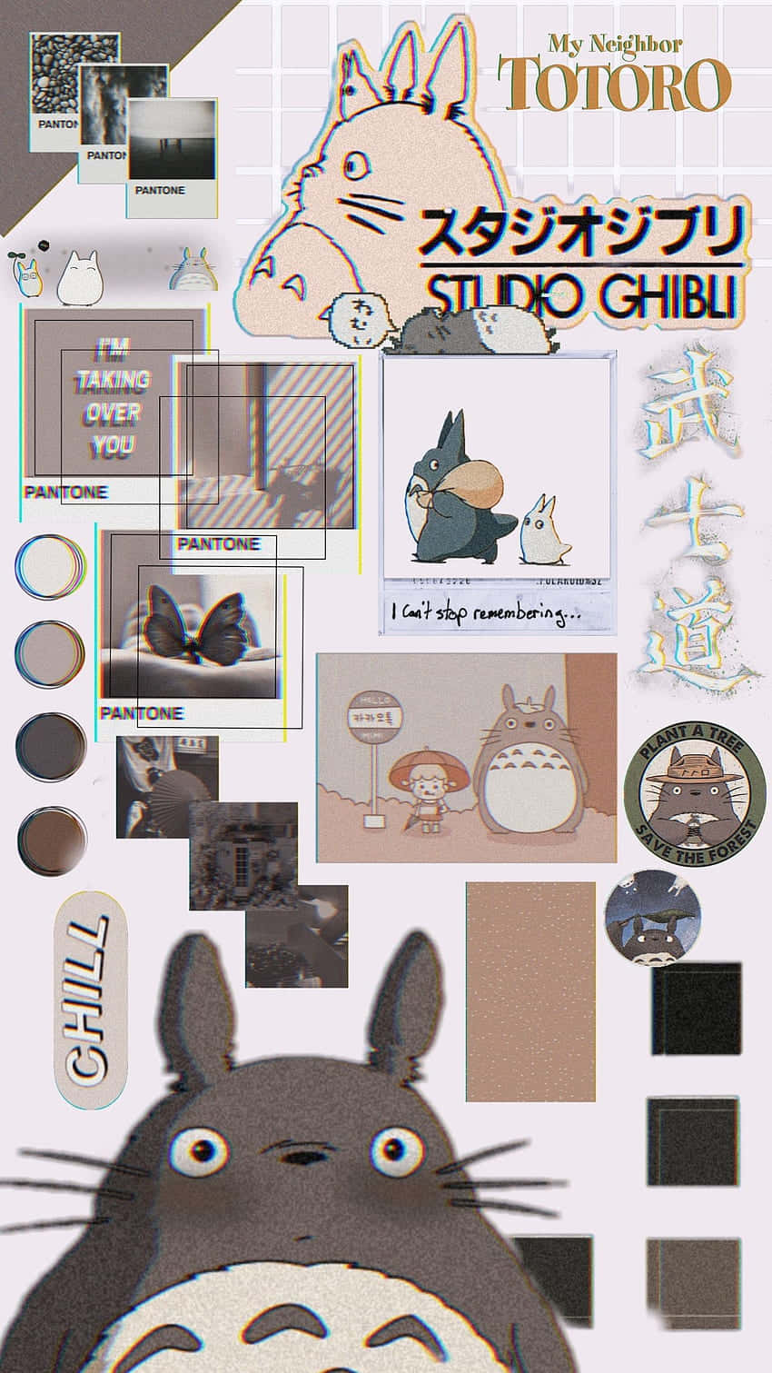 Studio Ghibli 龍貓拼貼畫，包含海報、照片和 Pantone 色板。