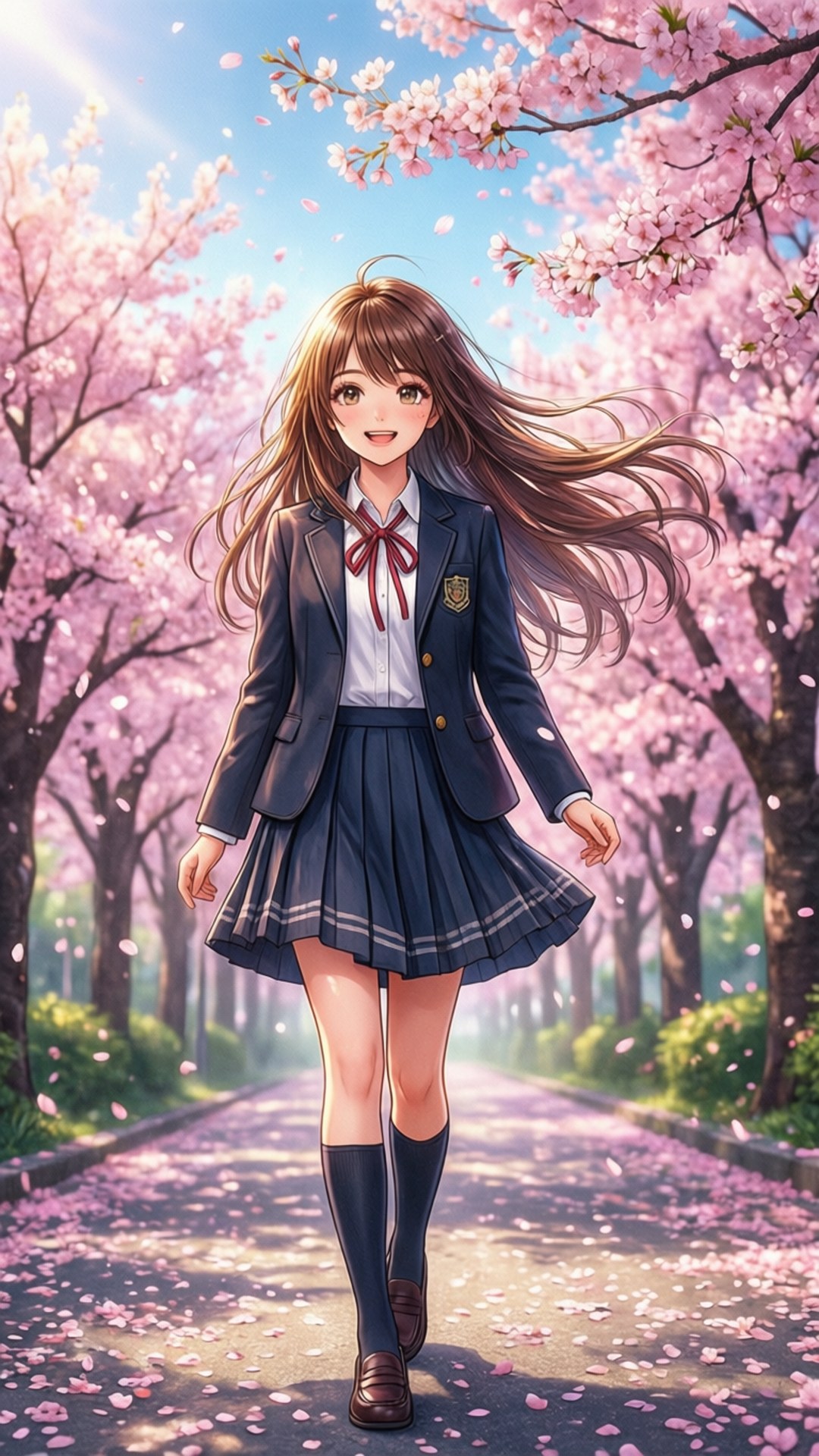 穿著校服的動漫少女在春天櫻花樹下漫步。