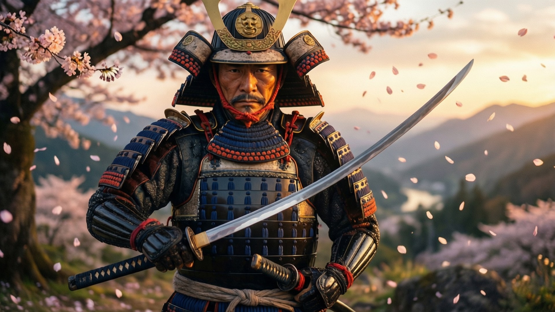 身穿全套盔甲的武士在櫻花下持劍，夕陽映照。