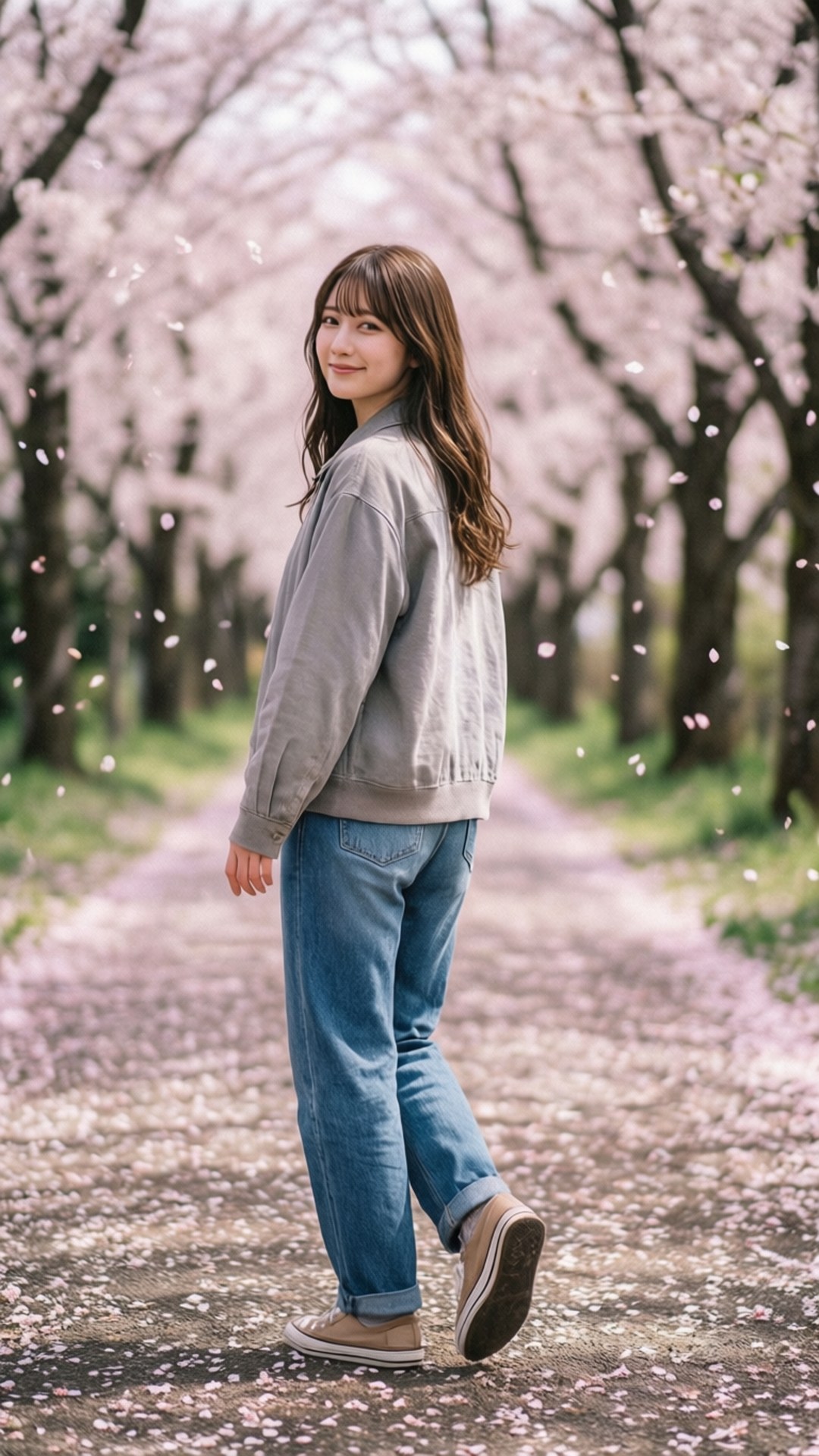 櫻花漫步 壁紙 — 一位身穿灰色外套和牛仔褲的年輕女子，沿著一條開滿櫻花樹的小徑行走，花瓣在她周圍飄落。