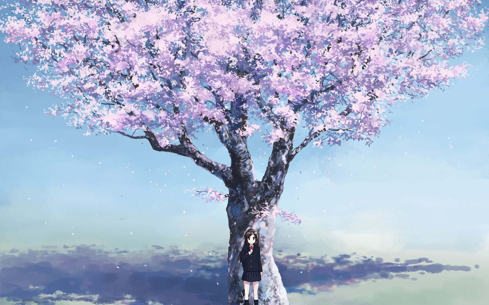 櫻花田中的少女 壁紙 — 一個孤獨的動漫女孩穿著校服，站在一棵巨大的櫻花樹下，粉紅色的花瓣在柔和的粉彩天空中飄揚。