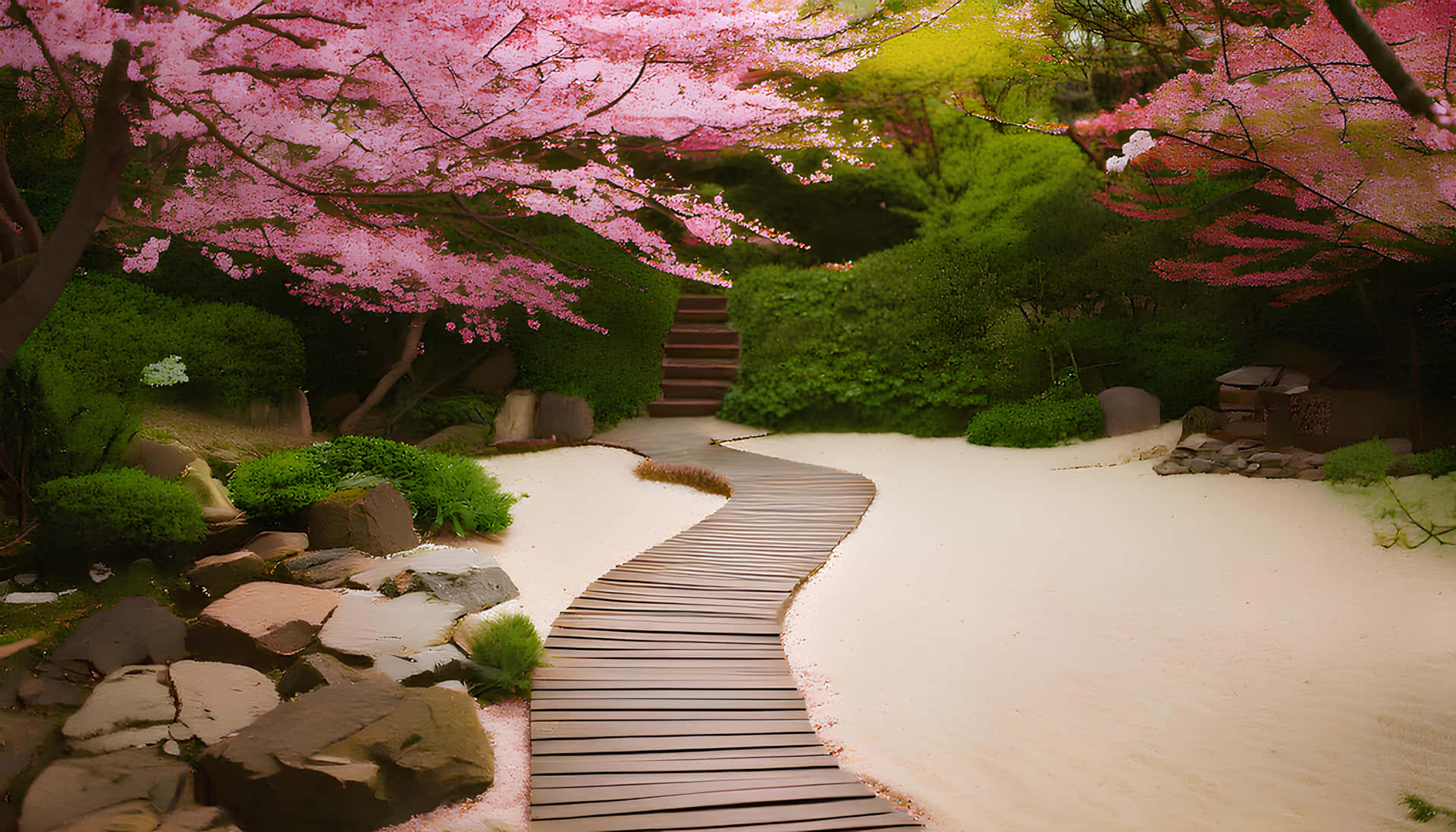 櫻花盛開 壁紙 — 一條蜿蜒的木棧道穿過寧靜的日本庭園，上方是盛開的粉紅櫻花樹和茂密的綠植。