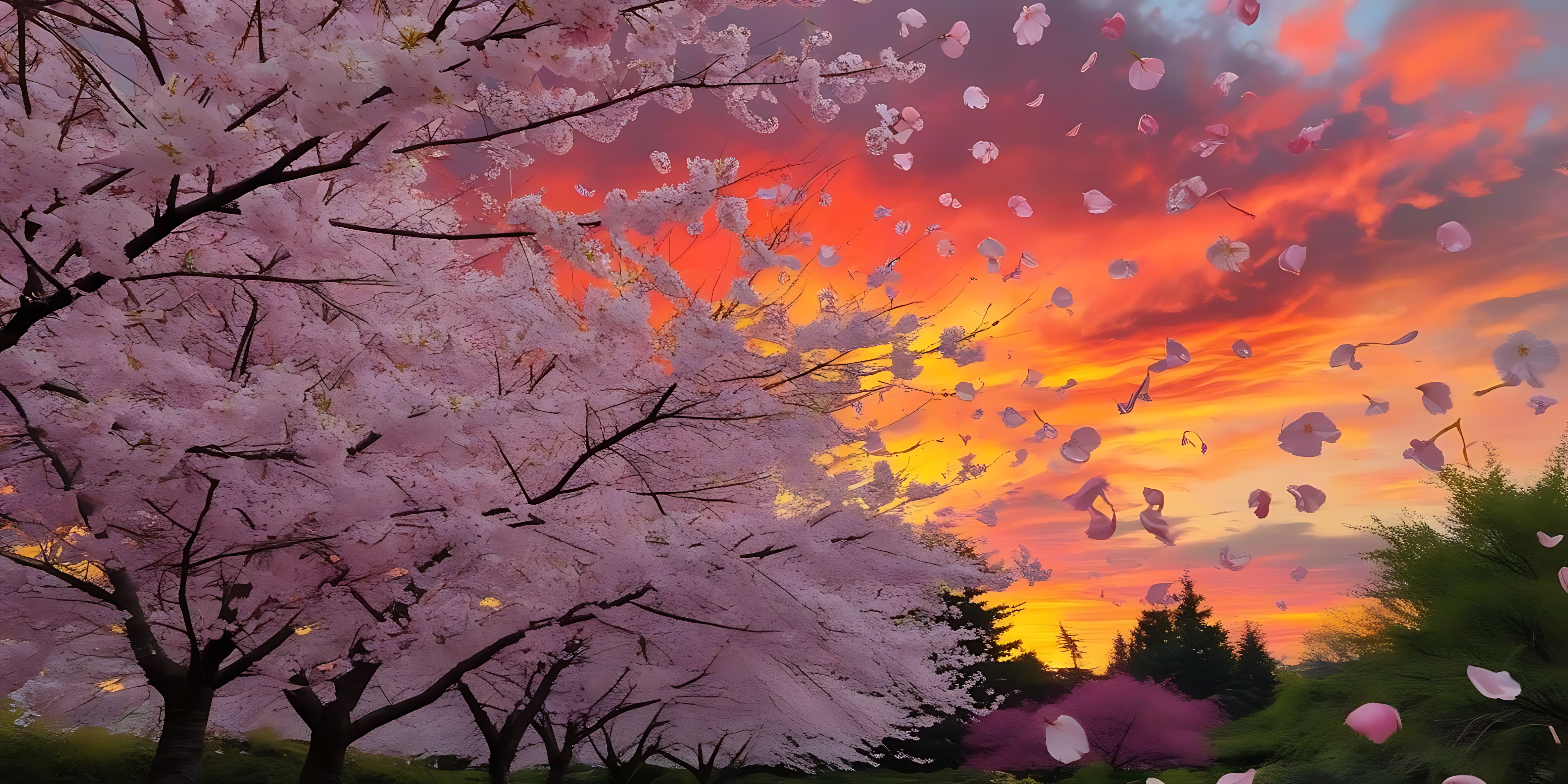 櫻花盛開的樹木 壁紙 — 粉紅色的櫻花花瓣在空氣中飄蕩，映襯著帶有橙紅色雲彩的火紅日落天空。