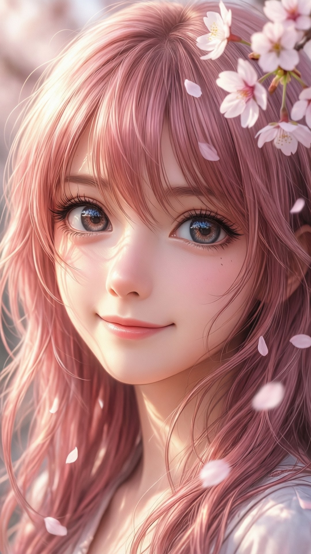 櫻花美人 壁紙 — 一位平靜的動漫女孩，粉紅色頭髮和花瓣在柔和的陽光下輕輕飄浮在她的臉龐周圍。