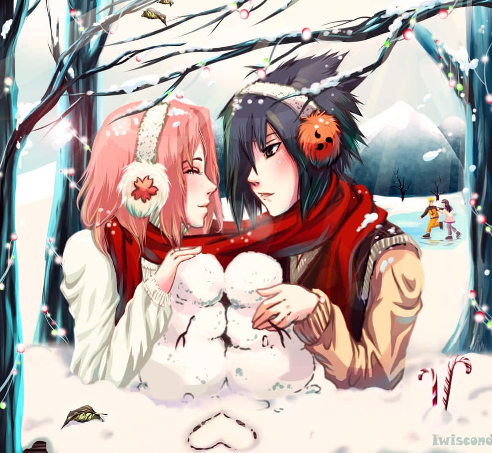 兩個動漫角色在有燈光的雪地森林中堆雪人。 — 聖誕節 壁紙