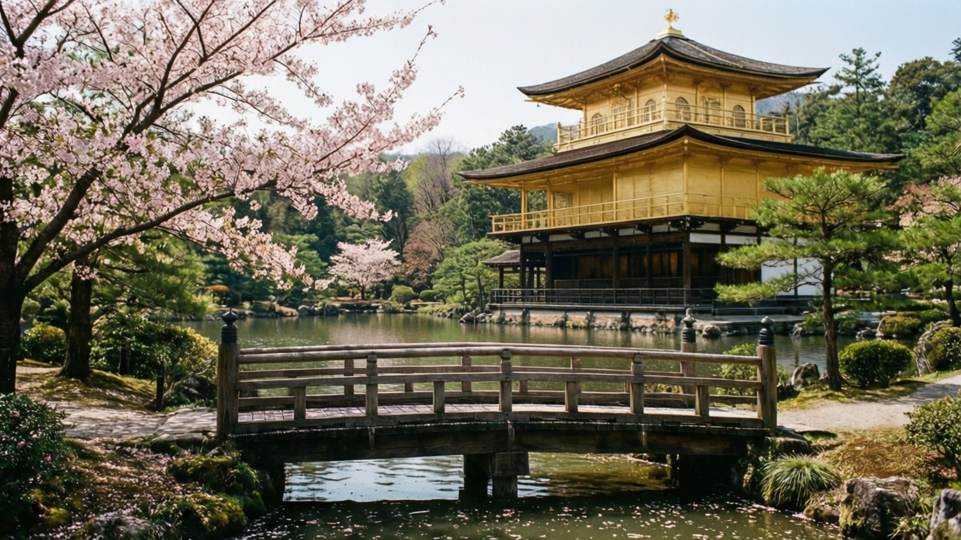 金色寺廟倒映在池塘中，伴隨著櫻花和木橋