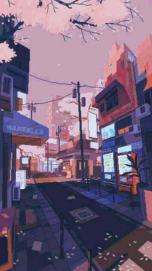 日落時分，櫻花飄落在建築物上的像素藝術街道。