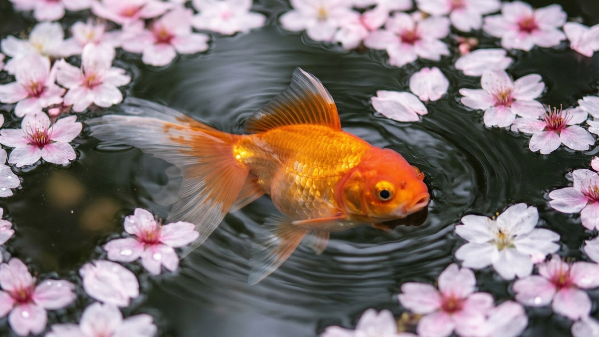 一條金魚在水中游動，周圍漂浮著櫻花。