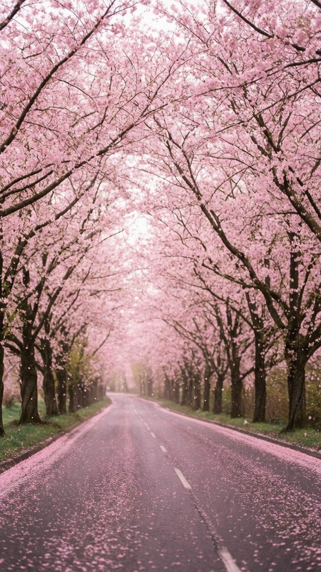 一條兩旁種滿盛開櫻花樹的道路，花瓣飄落