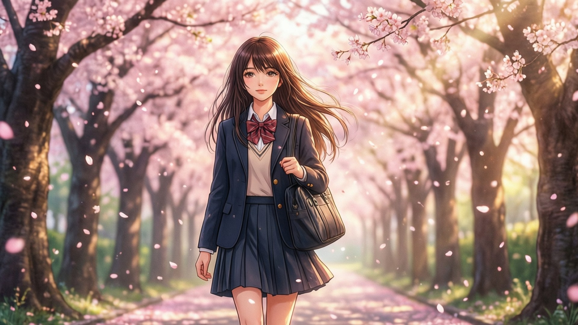 動漫女孩穿著校服在日落時分走在櫻花樹下。