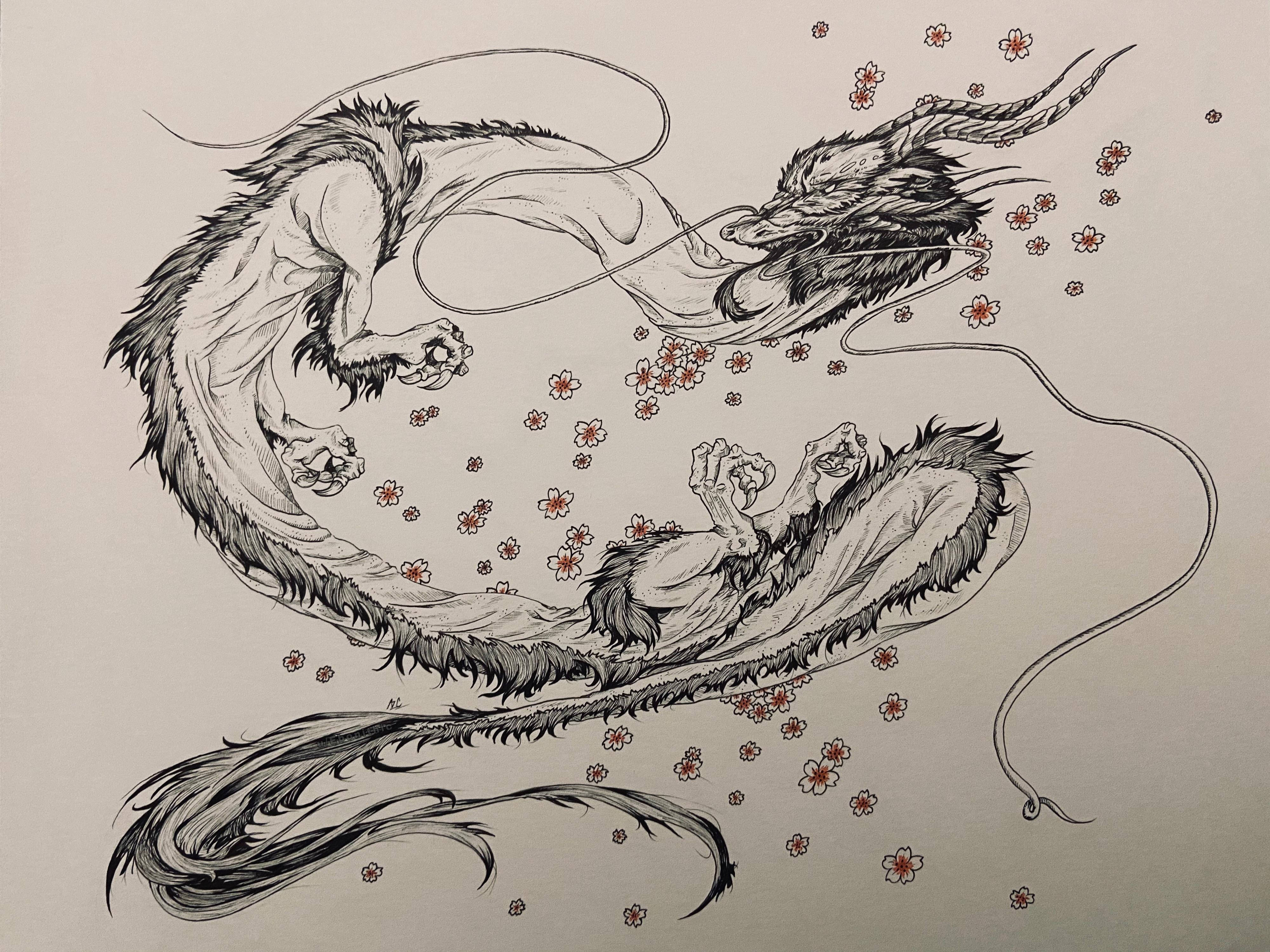 櫻花飄舞的日本龍 壁紙 — 一條動態的黑白水墨龍在飄落的櫻花中優雅盤旋，帶有精緻的紅色點綴。