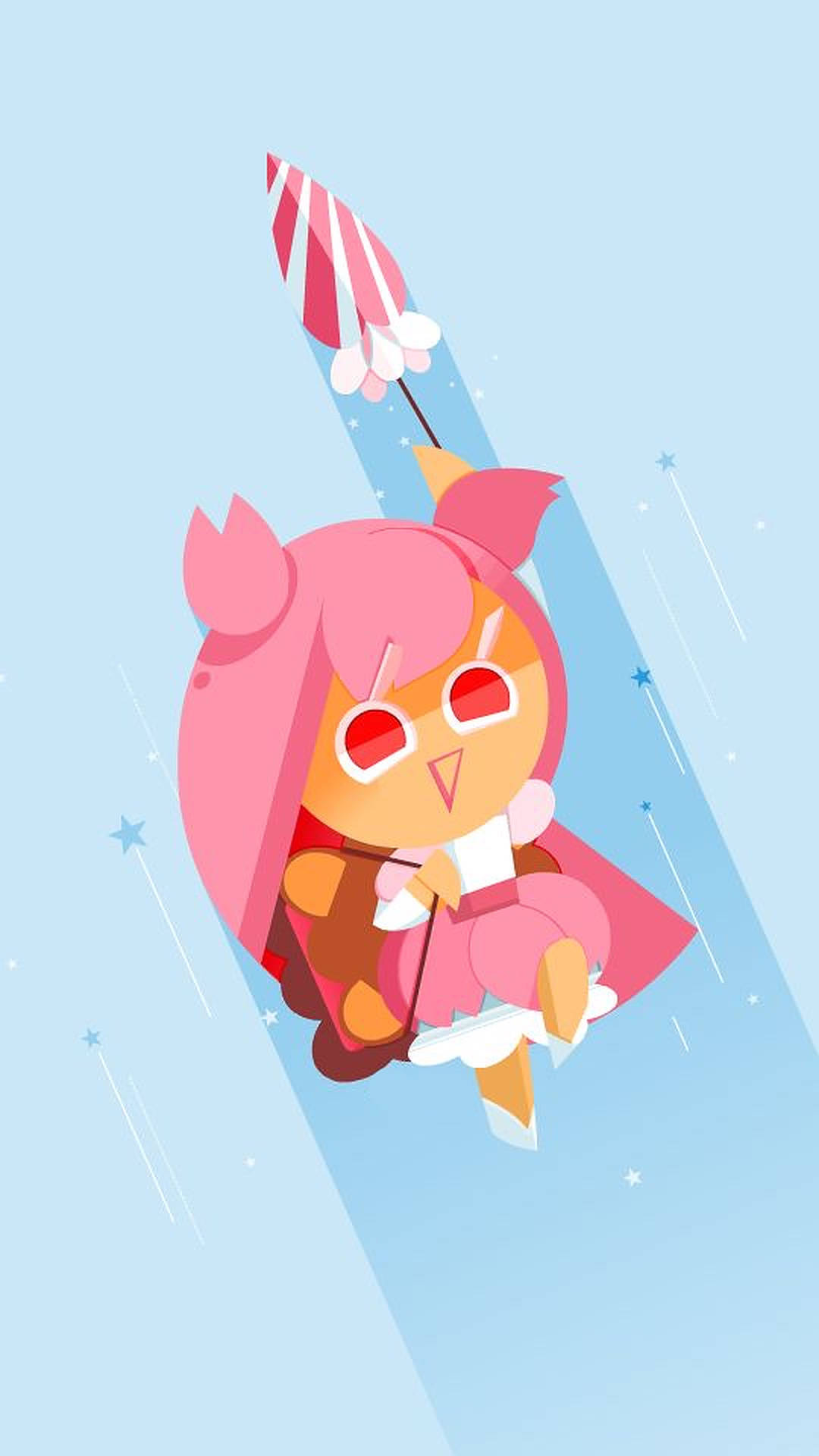 櫻花餅乾 Cookie Run 矢量藝術 壁紙 — 一位粉紅色頭髮的動漫女孩，紅色眼睛，手持條紋火箭，在淺藍色天空中有星星和條紋，向上漂浮。