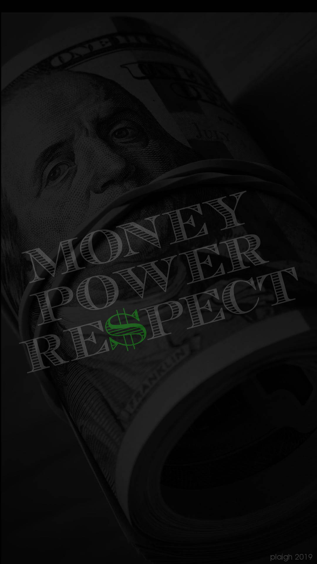 捲起的百元美鈔，帶有money power respect文字疊加。