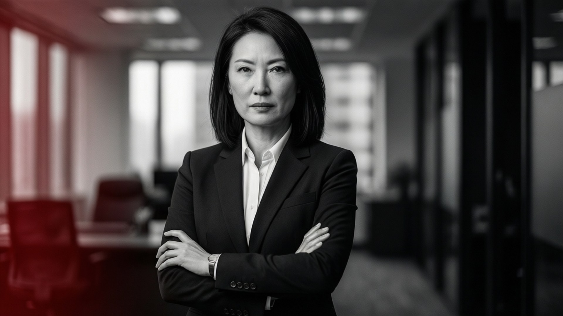 自信的商務女性身穿西裝，雙臂交叉站在辦公走廊。