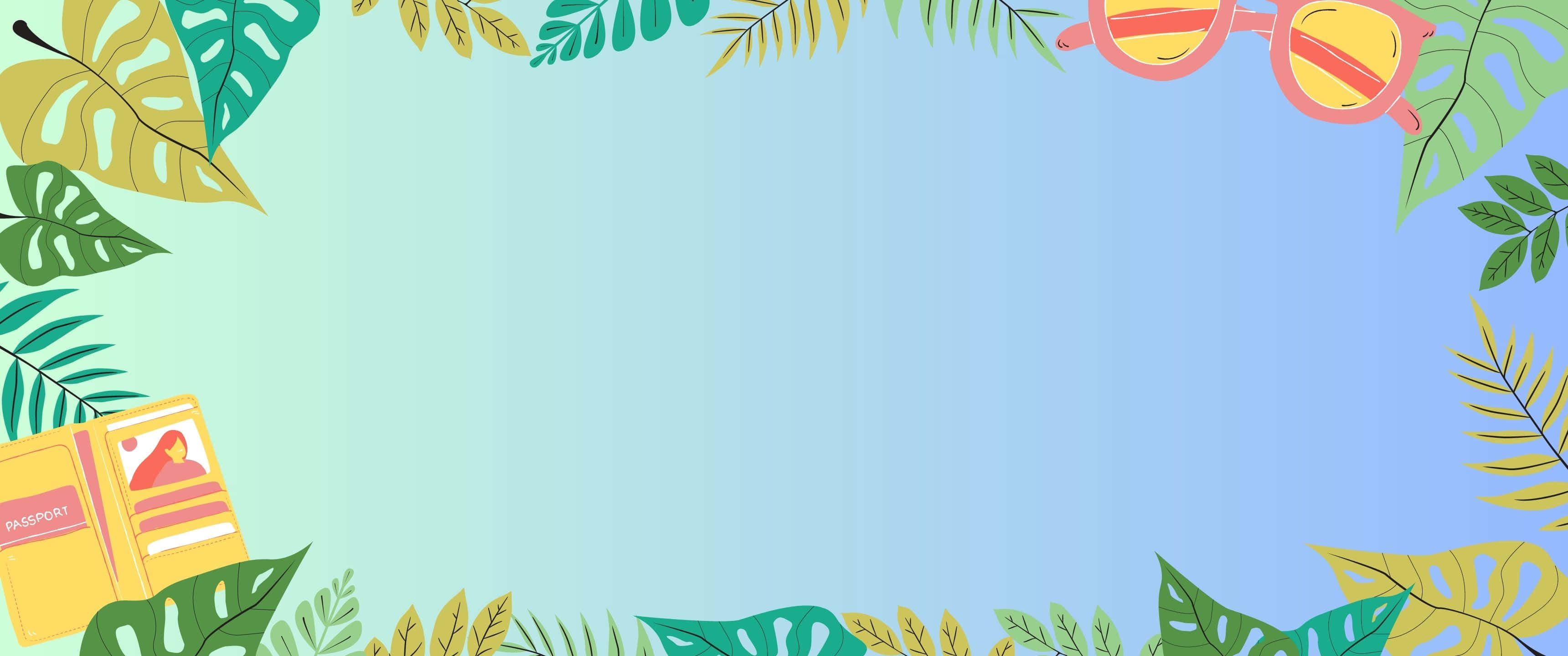欣賞 3440X1440 解像度背景的視覺之美 壁紙 — 熱帶樹葉和太陽眼鏡框住漸變天空，護照暗示夏日旅行。