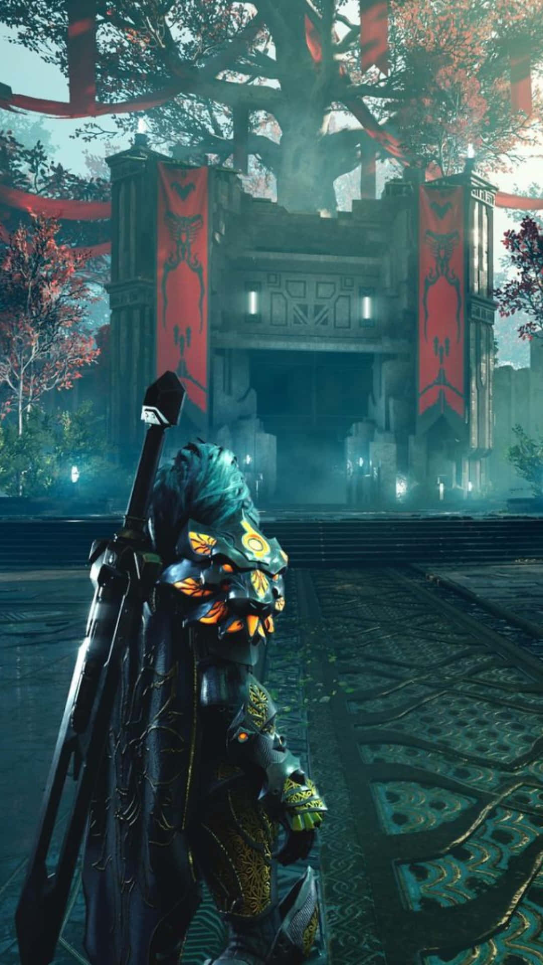 暗色盔甲戰士站在霧氣神社前，有紅色旗幟和發光燈籠。